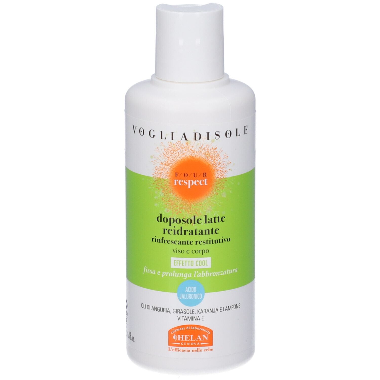 Flacone bianco con etichetta verde. Testo: doposole latte reidratante viso e corpo, Helan. Tappo bianco.