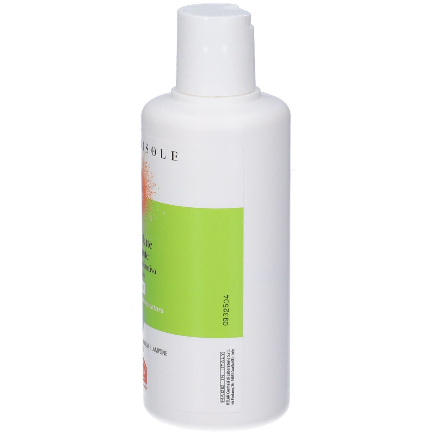 Flacone bianco vuoto con etichetta verde. Testo: doposole latte reidratante viso e corpo.