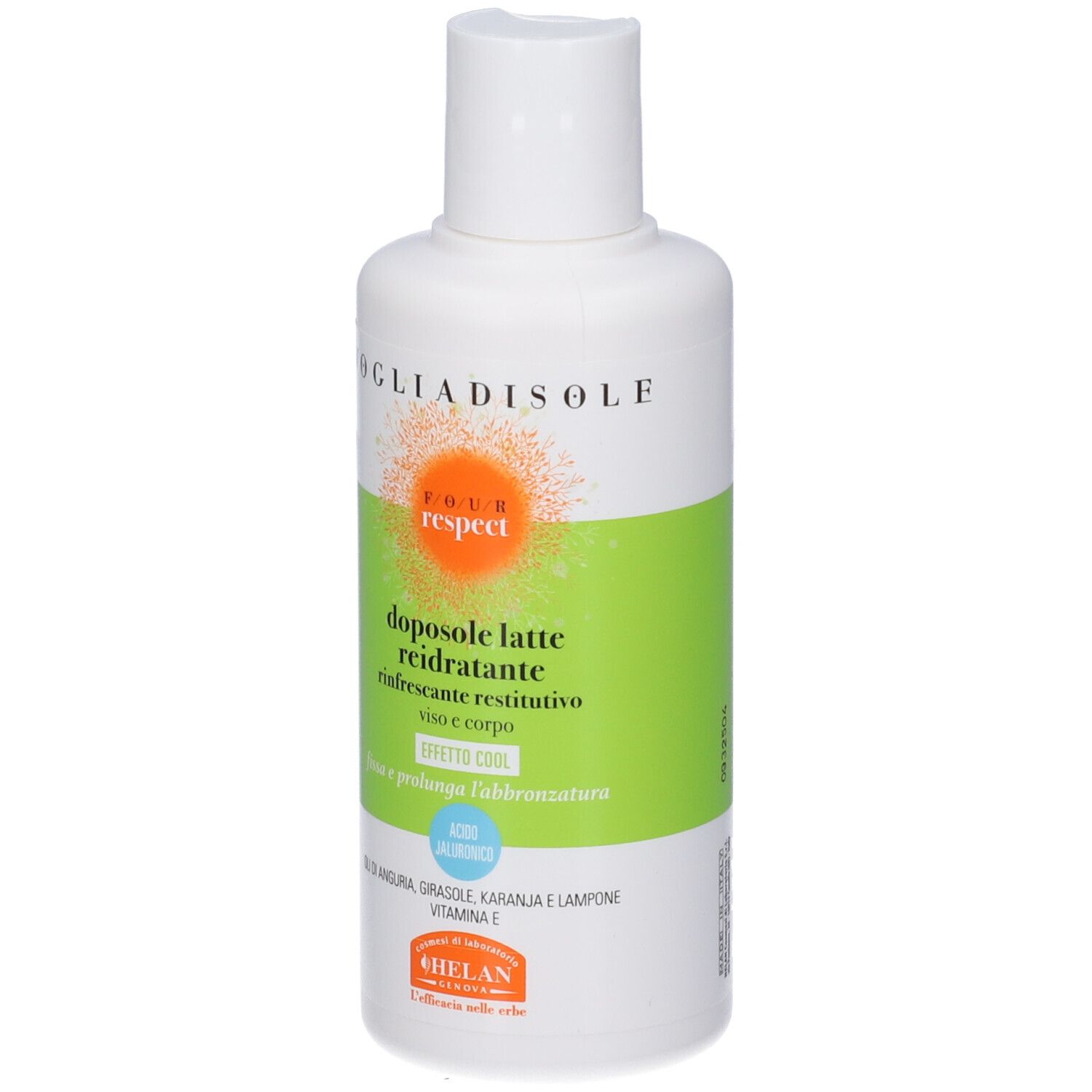 Flacone bianco con etichetta verde. Testo: doposole latte reidratante viso e corpo, Helan. Tappo bianco.