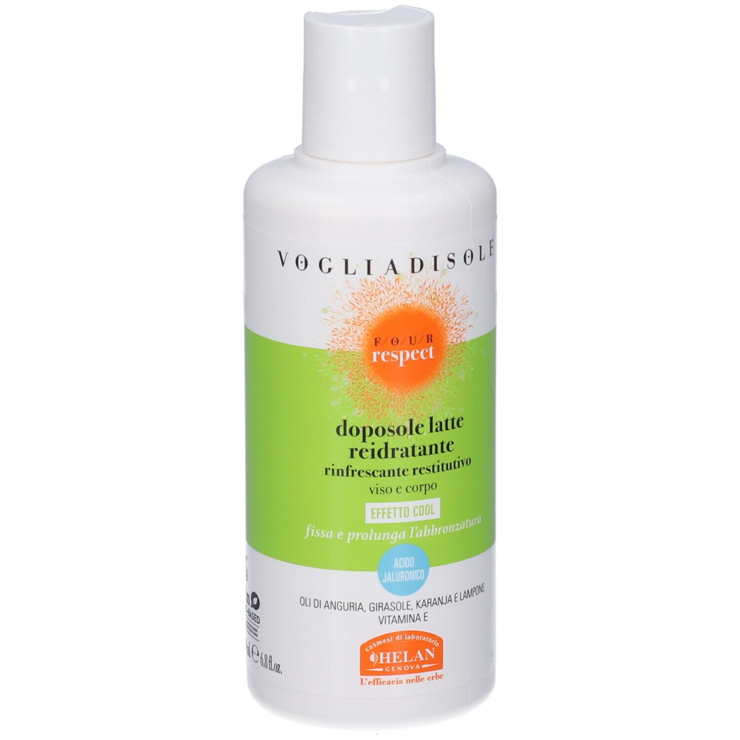 Flacone bianco con etichetta verde. Testo: doposole latte reidratante viso e corpo, Helan. Tappo bianco.