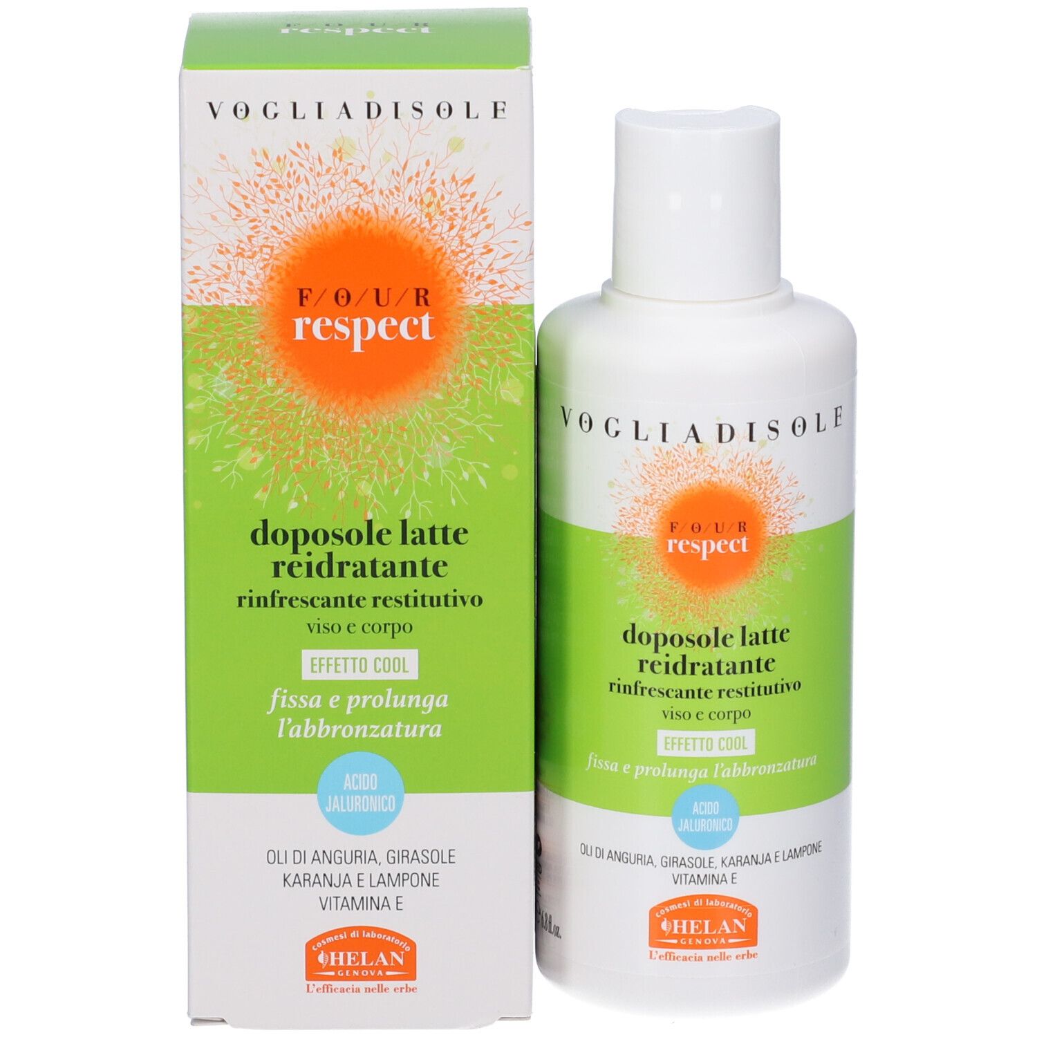 Confezione prodotto con flacone. Scatola verde e flacone bianco. Testo: doposole latte reidratante, Helan.