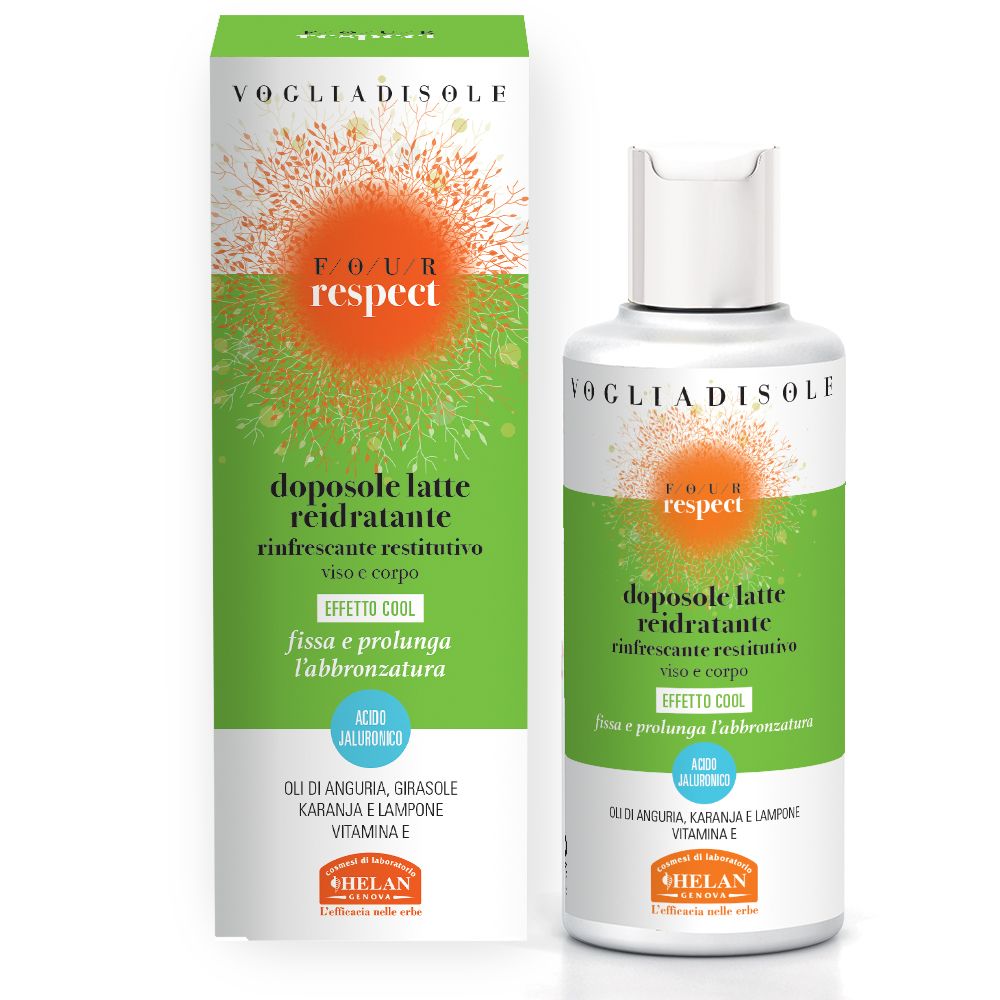 Confezione prodotto con flacone. Scatola verde e flacone bianco. Testo: doposole latte reidratante, Helan.