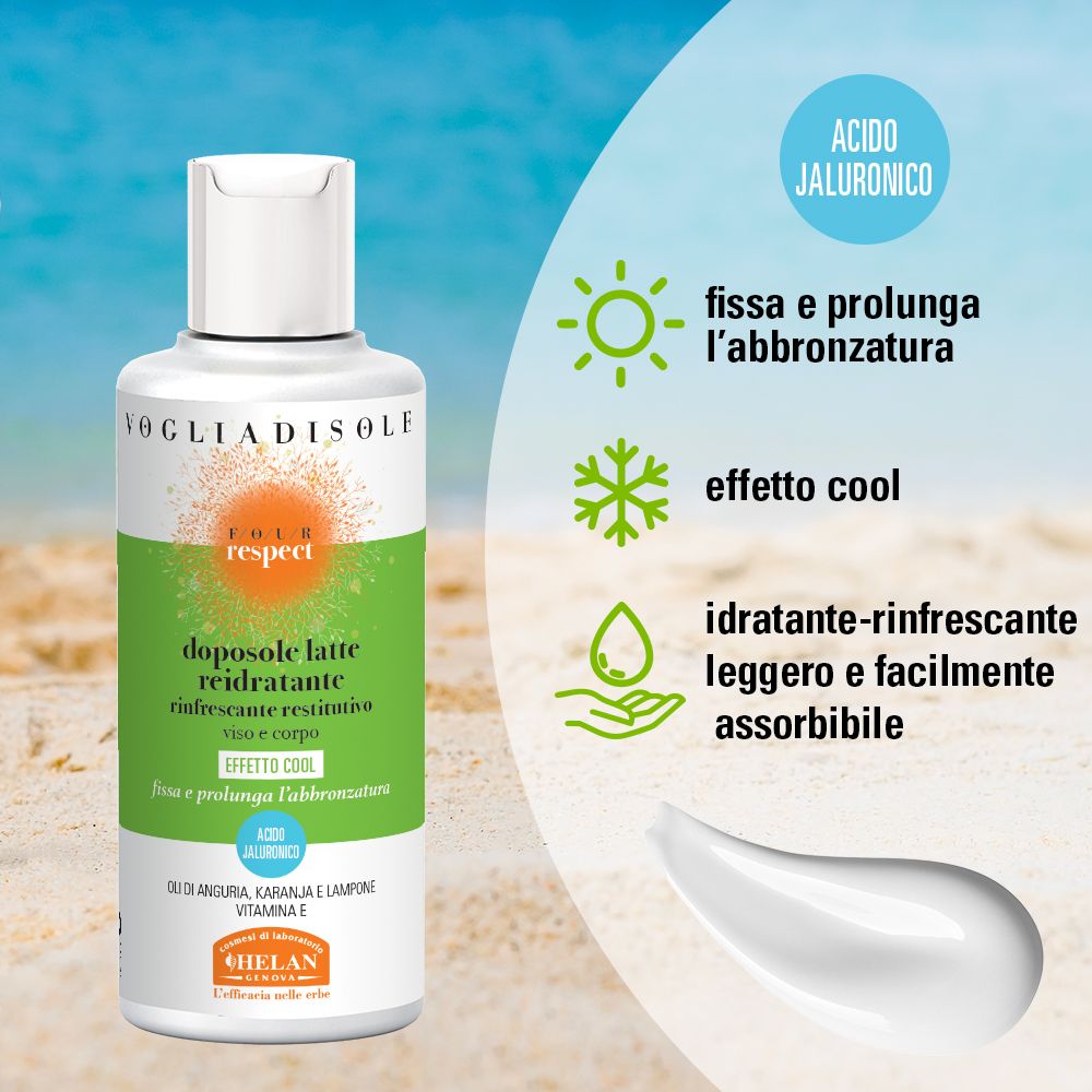 Flacone con testo e icone. Testo: doposole latte reidratante. Icone: sole, fiocco, goccia.
