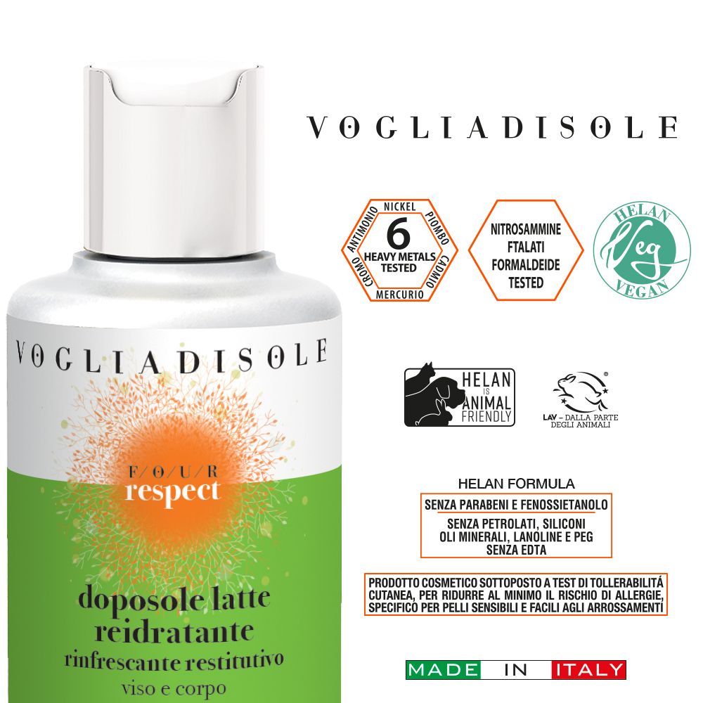 Flacone con testo e loghi. Testo: doposole latte reidratante viso e corpo. Loghi: Helan, Vegan.
