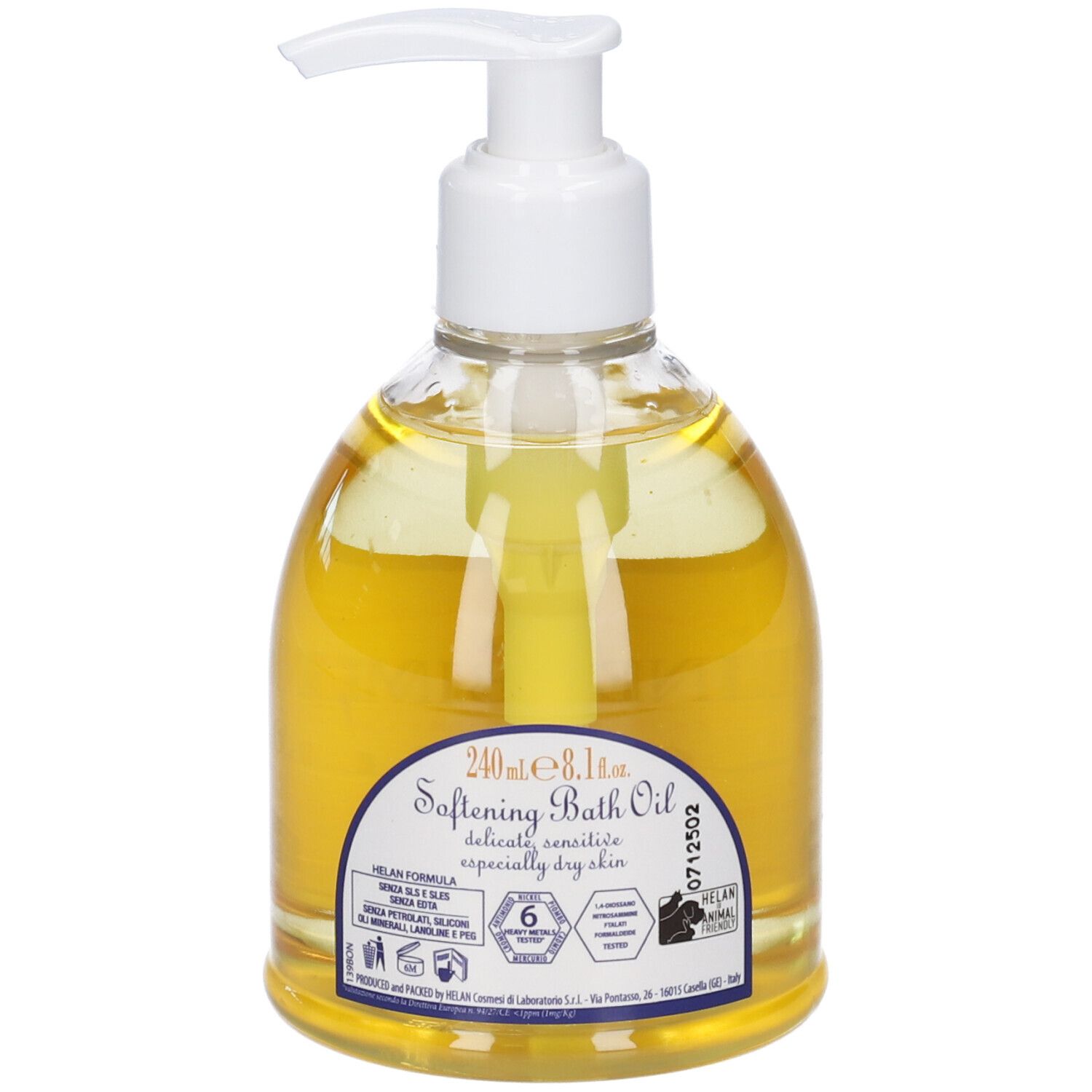 Flacone con pompa. Scritto: Softening Bath Oil, 240ml. Etichetta con logo e testo. Liquido giallo visibile.