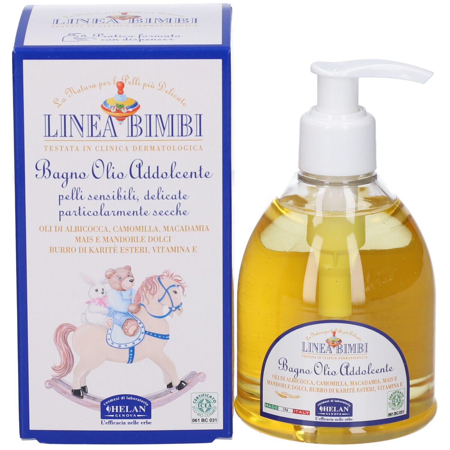 Confezione e flacone. Scritto: LINEA BIMBI, Bagno Olio Addolcente. Illustrazione: bambino su cavallo a dondolo. Flacone con pompa.