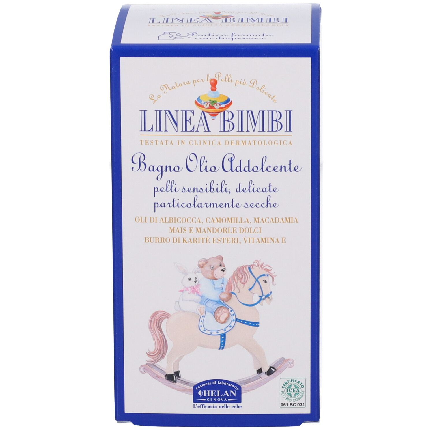 Confezione. Scritto: LINEA BIMBI, Bagno Olio Addolcente. Illustrazione: bambino su cavallo a dondolo. Sfondo blu.