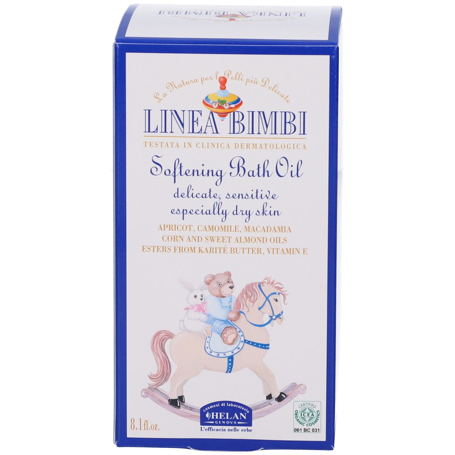 Confezione. Scritto: LINEA BIMBI, Softening Bath Oil. Illustrazione: bambino su cavallo a dondolo. Sfondo blu.