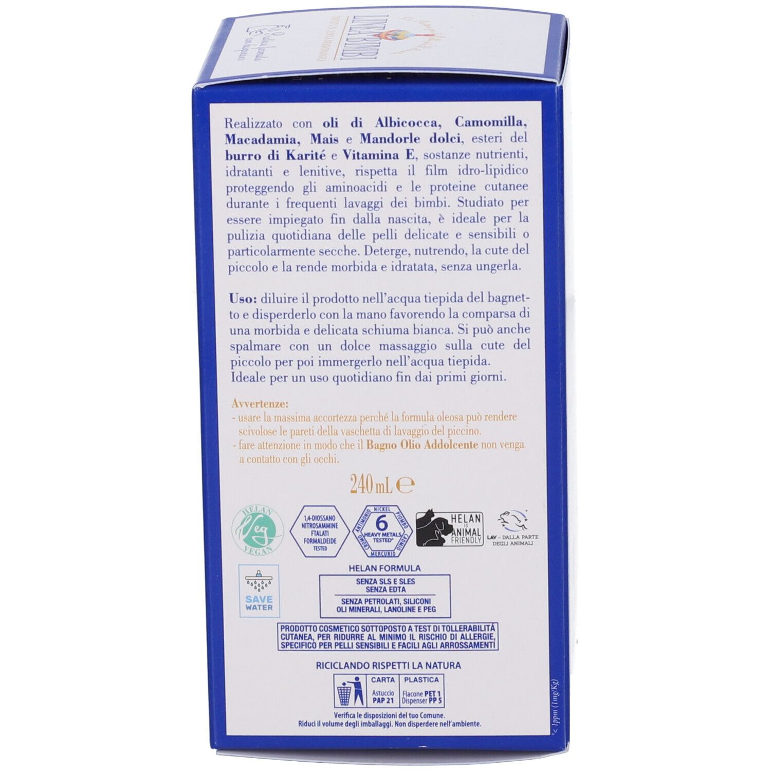 Retro della confezione. Testo multilingue. Ingredienti, istruzioni per l'uso. Sfondo blu. 240ml.