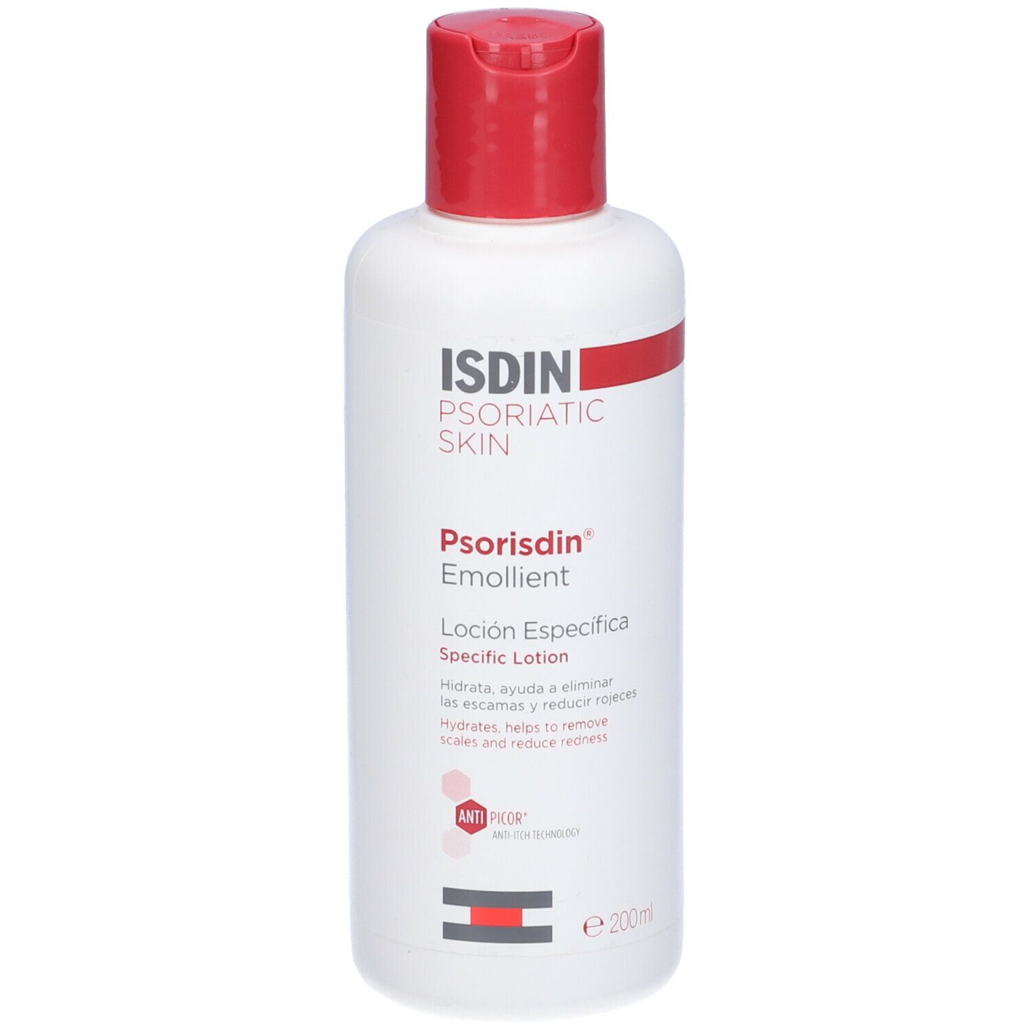 Flacone bianco con tappo rosso. Scritta: ISDIN, Psorisdin Emollient, Specific Lotion. Contiene 200ml.
