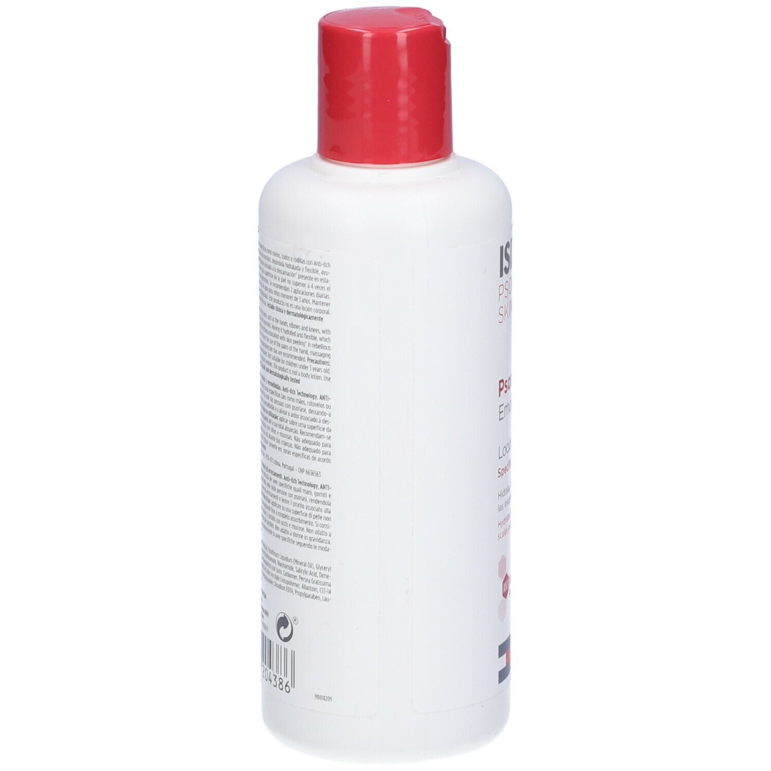 Flacone bianco con tappo rosso. Scritta: ISDIN, Psorisdin Emollient, Specific Lotion. Contiene 200ml. Retro con testo.