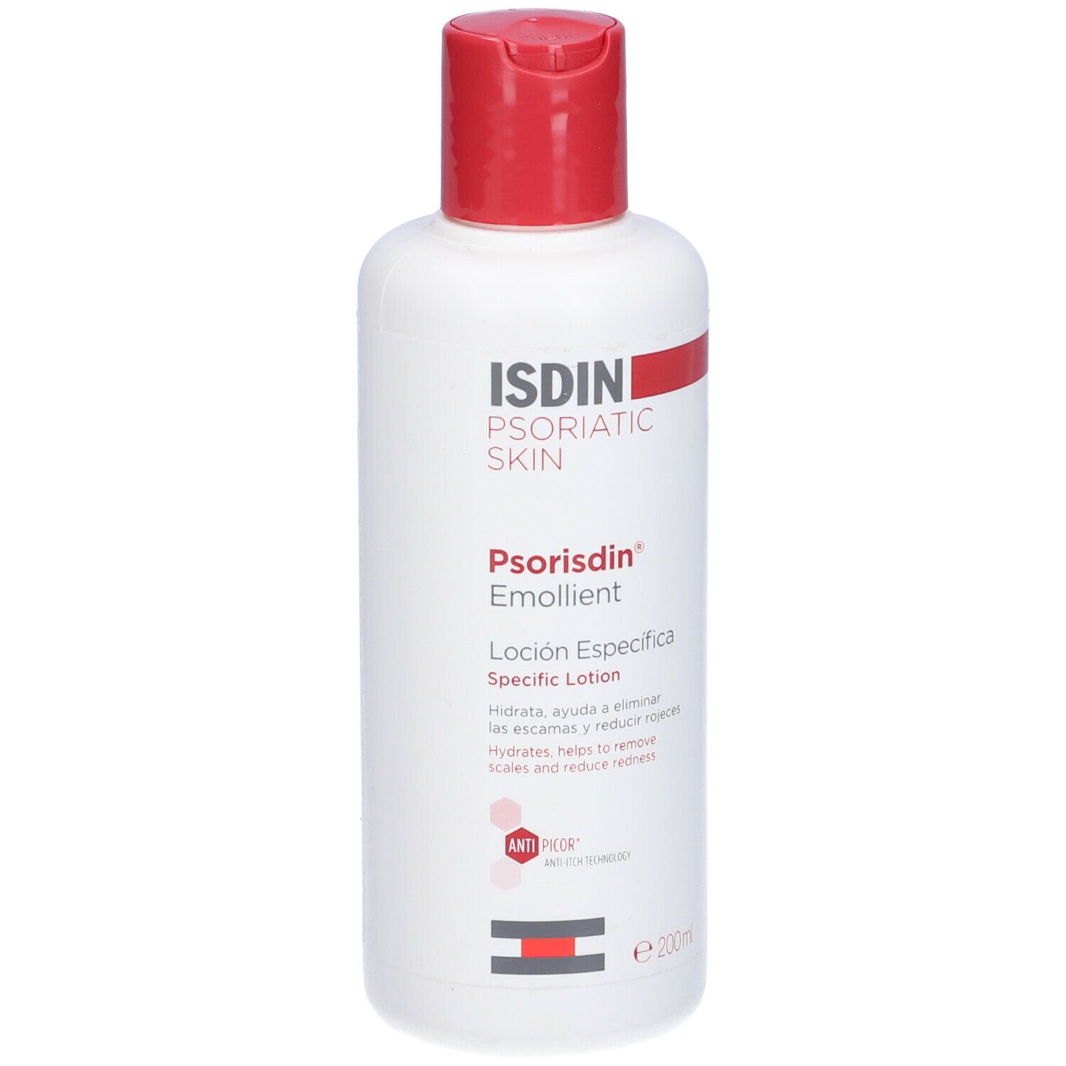 Flacone bianco con tappo rosso. Scritta: ISDIN, Psorisdin Emollient, Specific Lotion. Contiene 200ml.