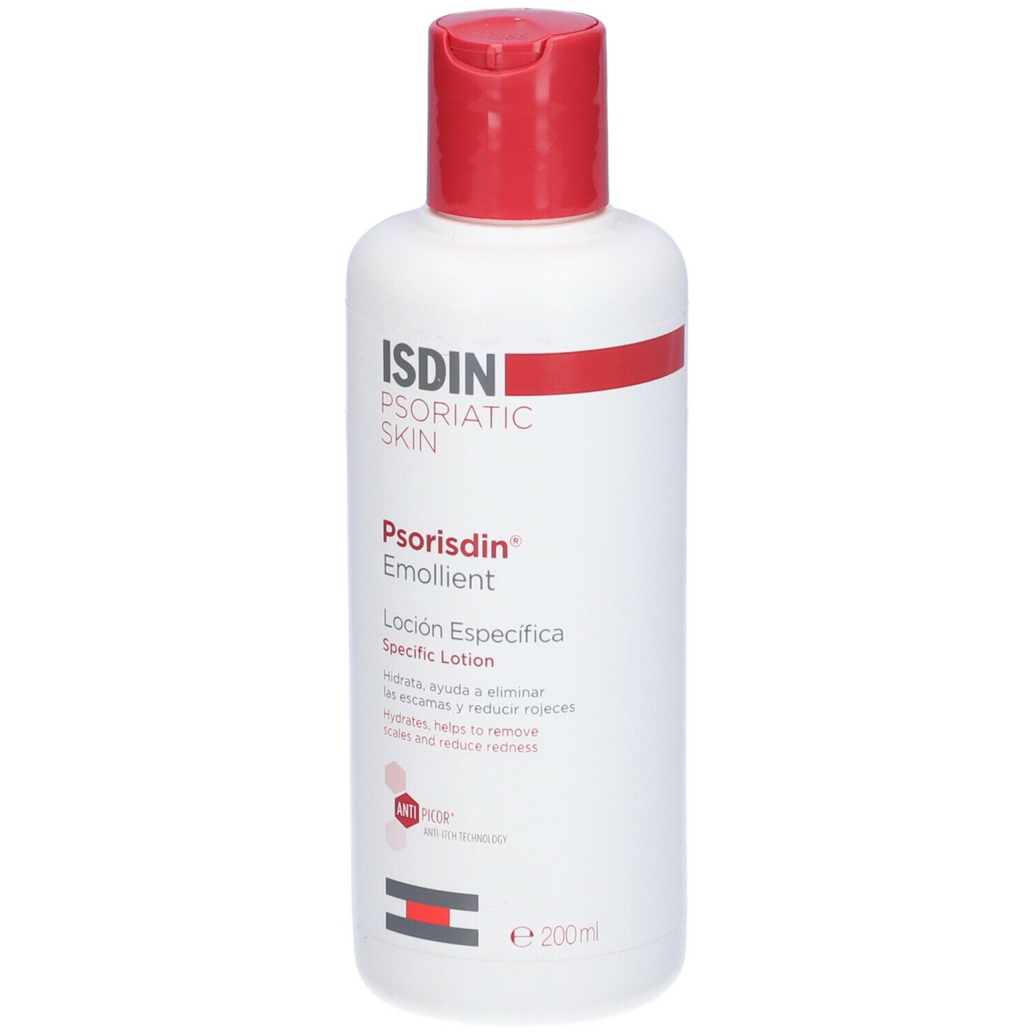Flacone bianco con tappo rosso. Scritta: ISDIN, Psorisdin Emollient, Specific Lotion. Contiene 200ml.