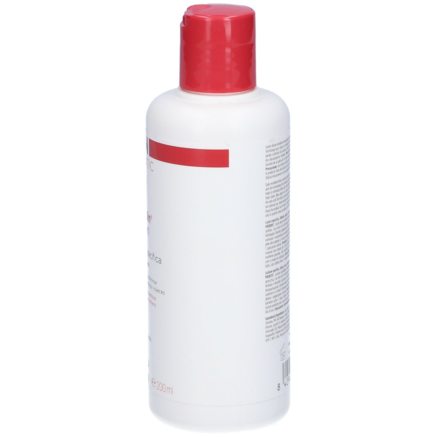 Flacone bianco con tappo rosso. Scritta: ISDIN, Psorisdin Emollient, Specific Lotion. Contiene 200ml. Retro con testo.