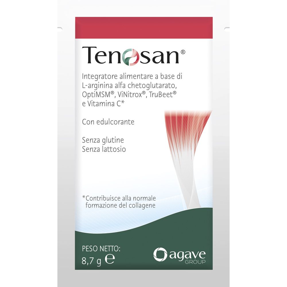 Bustina singola Tenosan®. Striscia rossa in alto. Testo: Tenosan®, ingredienti, senza glutine, senza lattosio. Logo Agave Group. Peso netto: 8,7 g.