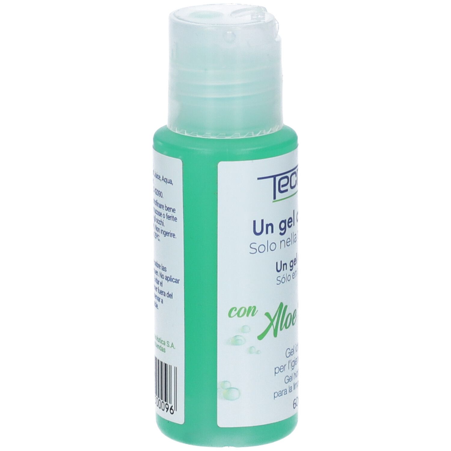 Flacone verde con tappo a ribalta. Scritta Tecnigen, Aloe Vera e testo in italiano e spagnolo.