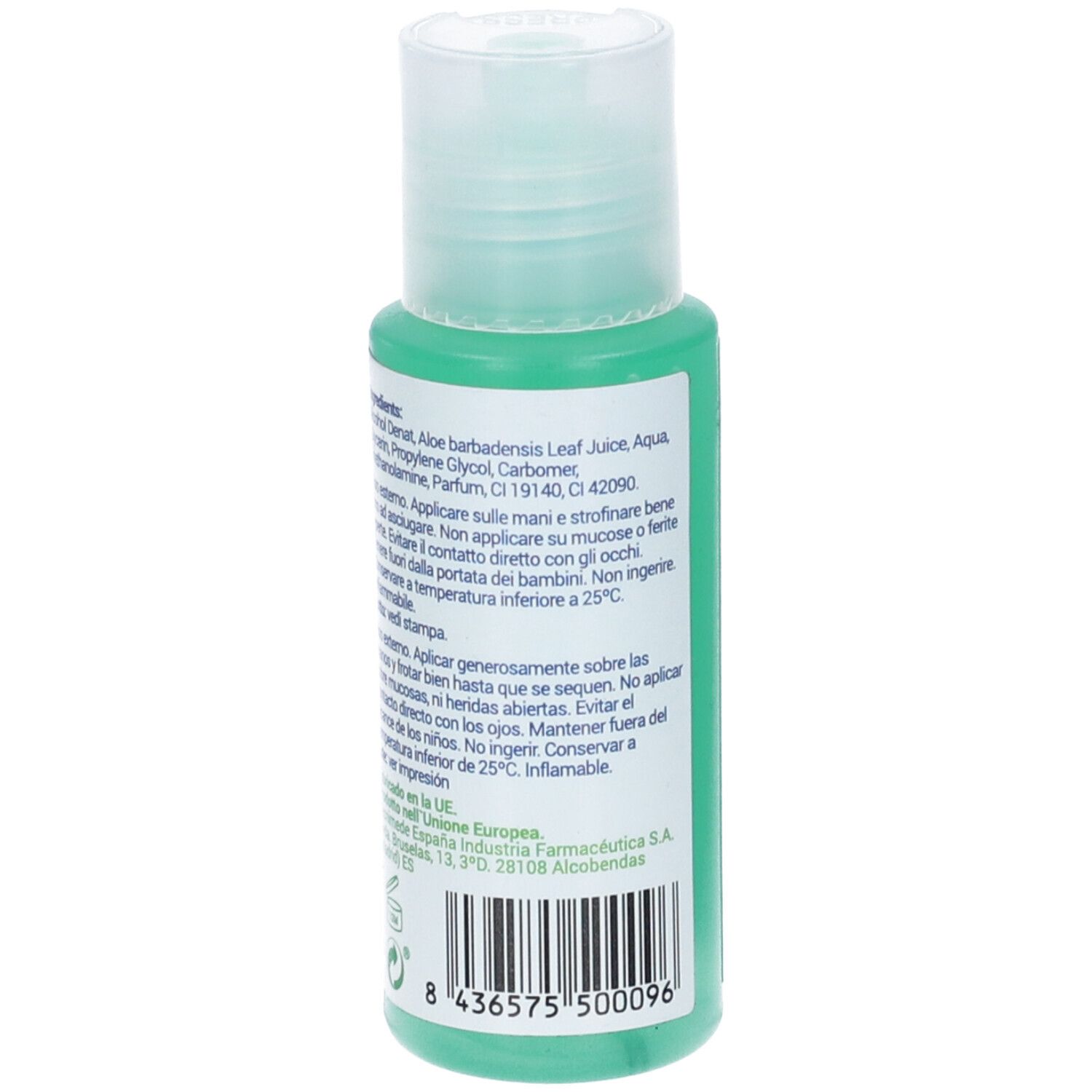 Retro di un flacone verde con tappo a ribalta. Testo in italiano e spagnolo, e codice a barre.