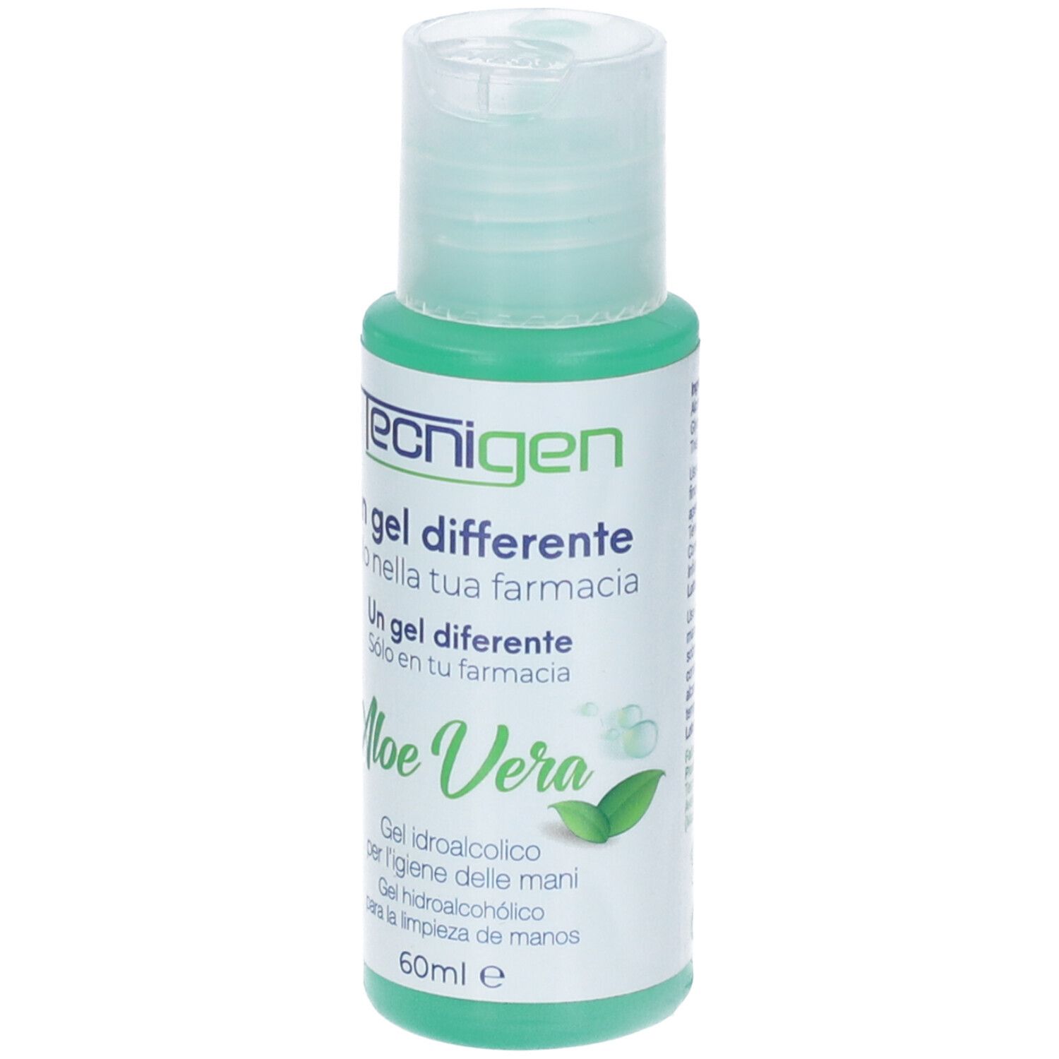 Flacone verde con tappo a ribalta. Scritta Tecnigen, Aloe Vera e testo in italiano e spagnolo.