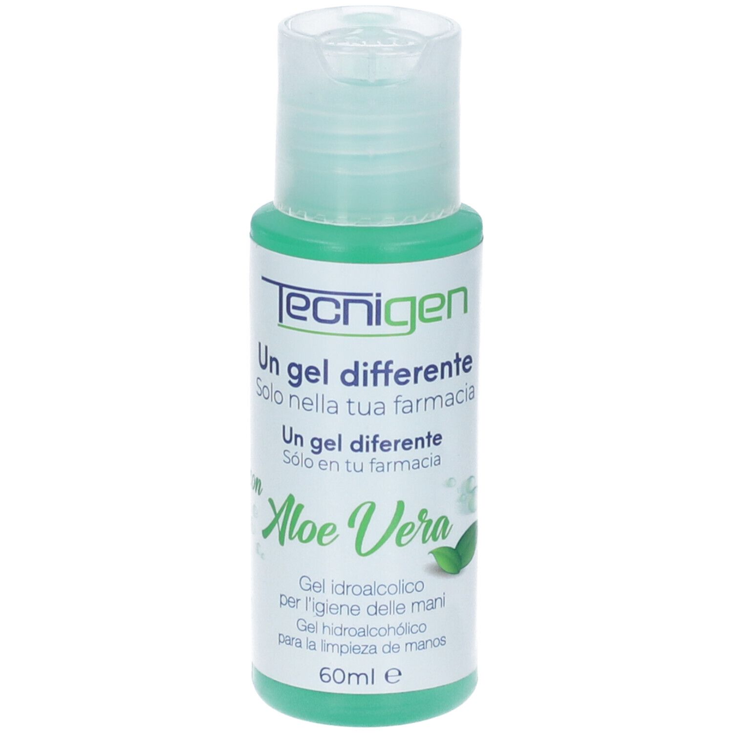 Flacone verde con tappo a ribalta. Scritta Tecnigen, Aloe Vera e testo in italiano e spagnolo.