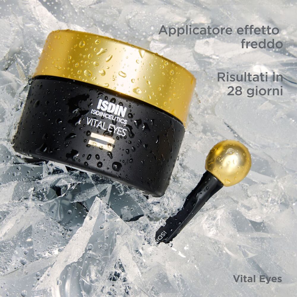 Vasetto con applicatore su ghiaccio. Testo: ISDIN, ISDINCEUTICS, VITAL EYES. Testo: Applicatore effetto freddo, risultati in 28 giorni.
