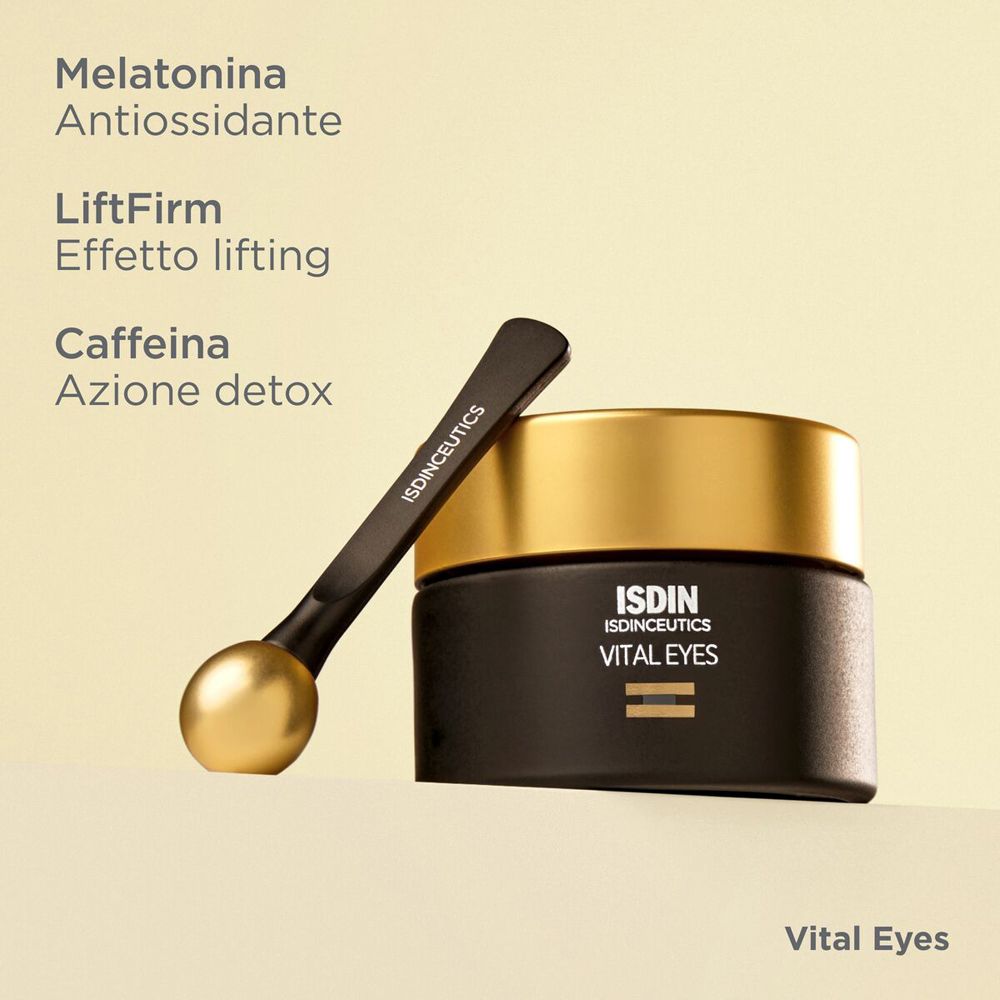 Vasetto con applicatore. Testo: ISDIN, ISDINCEUTICS, VITAL EYES. Testo: Melatonina, LiftFirm, Caffeina.