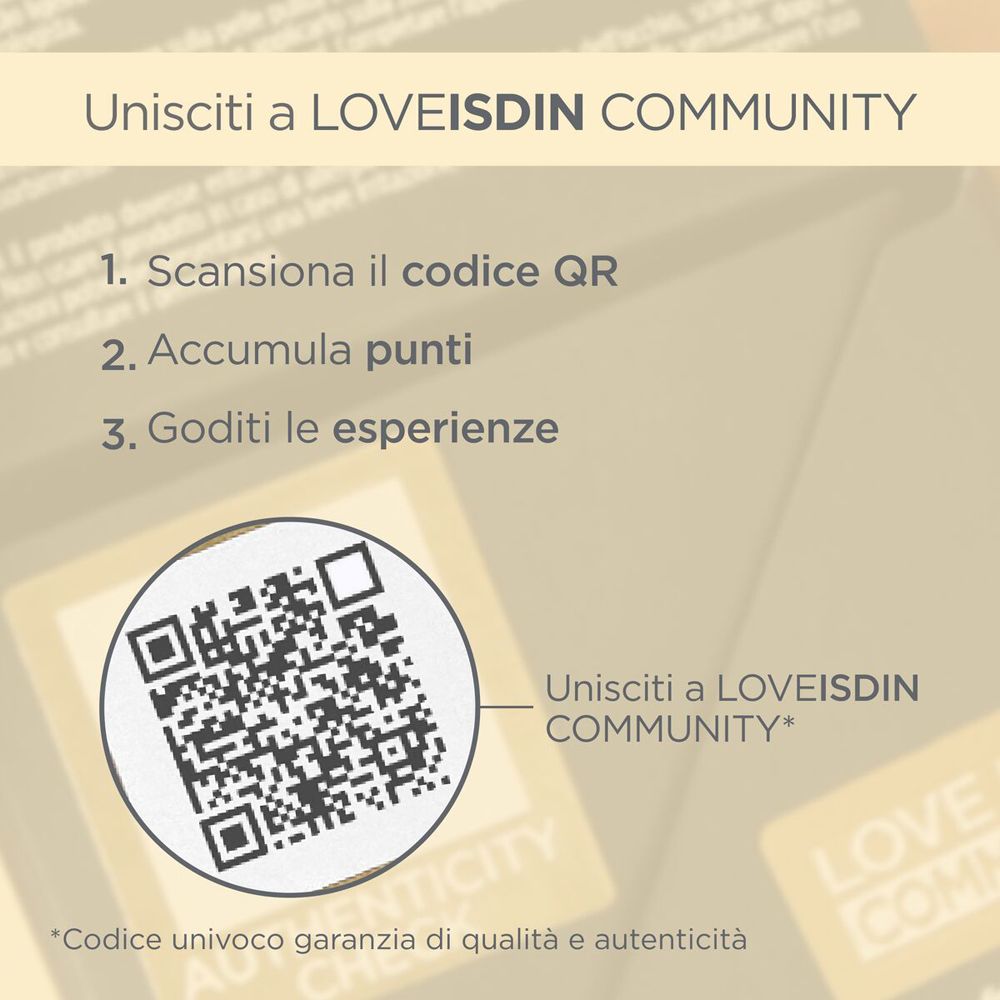 Codice QR. Testo: LOVEISDIN COMMUNITY. Testo: Scansiona, accumula punti, goditi le esperienze.