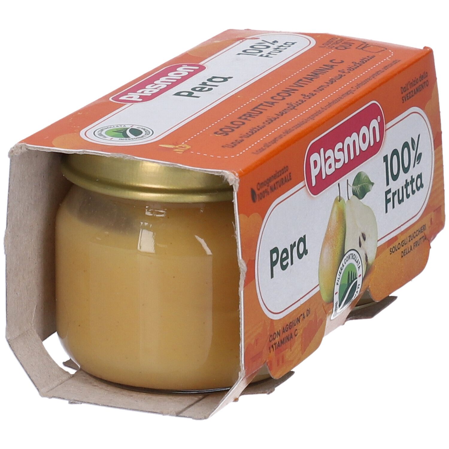 Un vasetto Plasmon Pera in una confezione. Scritta: 100% Frutta, Pera, con vitamina C. Immagine di pere.