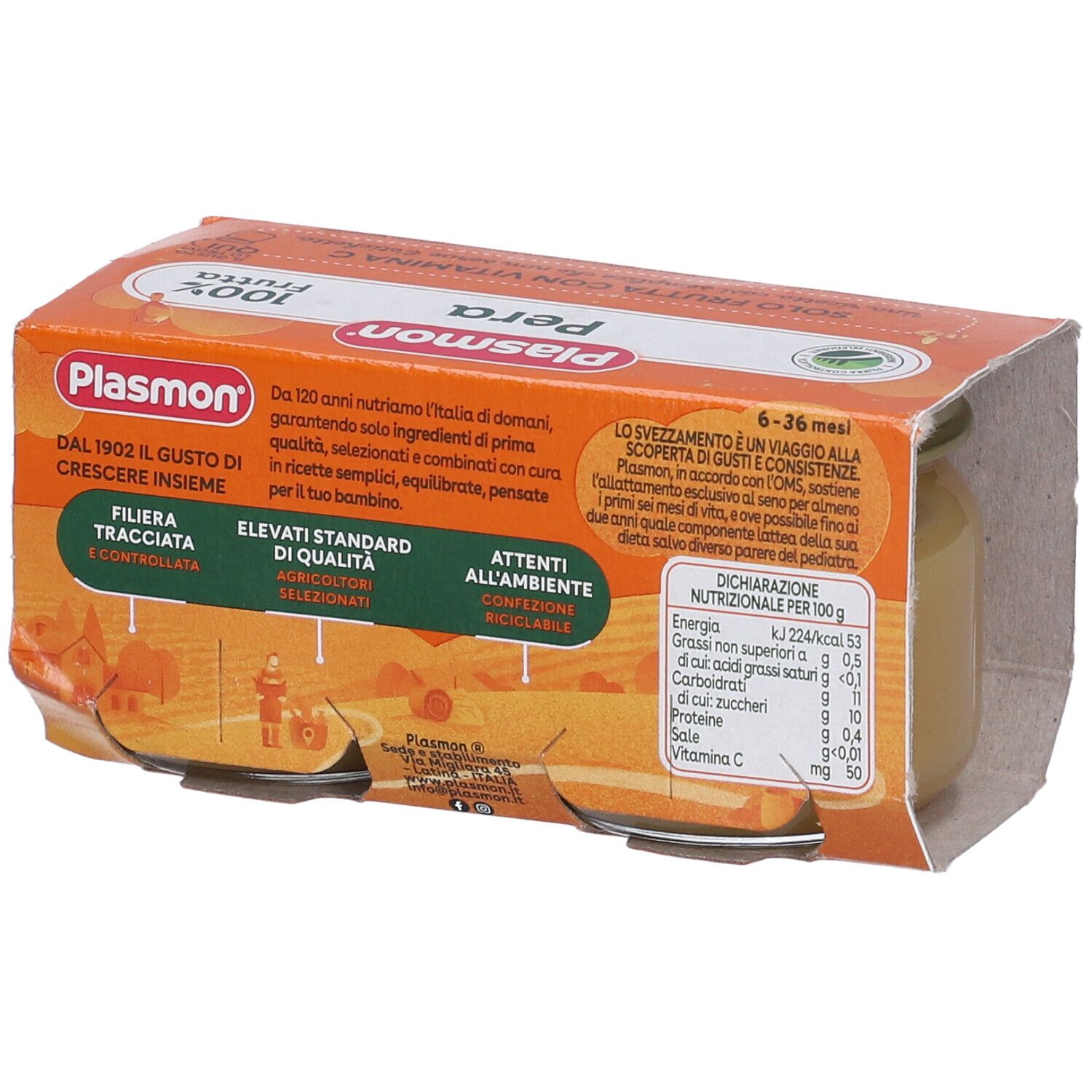 Retro della confezione con due vasetti Plasmon Pera. Testo: valori nutrizionali, 6-36 mesi, ingredienti.