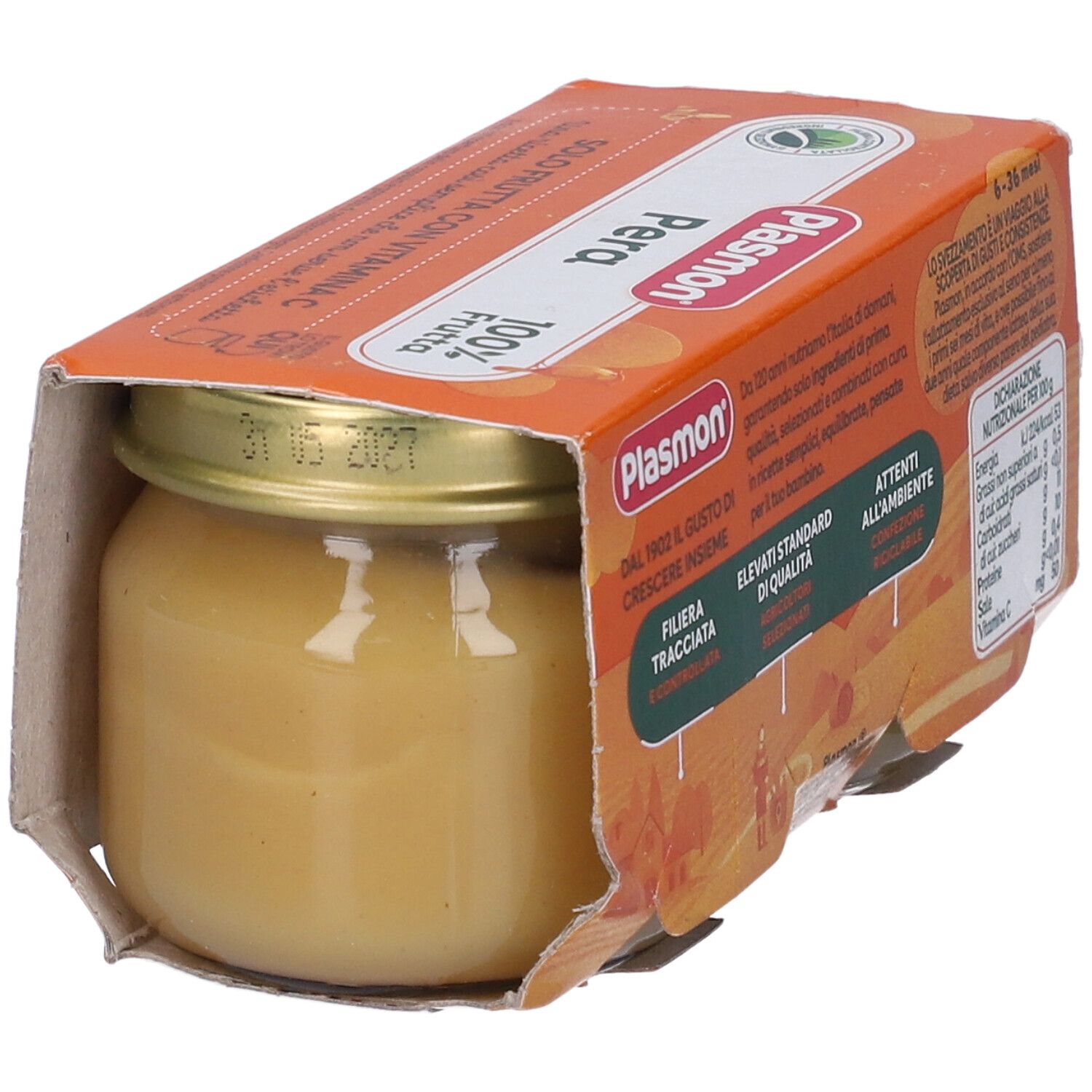 Un vasetto Plasmon Pera in una confezione. Scritta: Pera, 100% Frutta, con vitamina C. Data di scadenza.