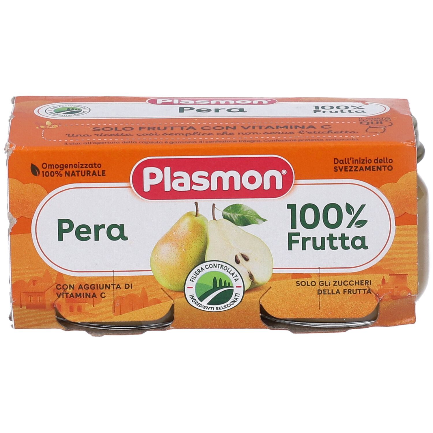 Confezione con due vasetti Plasmon Pera. Scritta: 100% Frutta, Pera, con vitamina C. Immagine di pere.