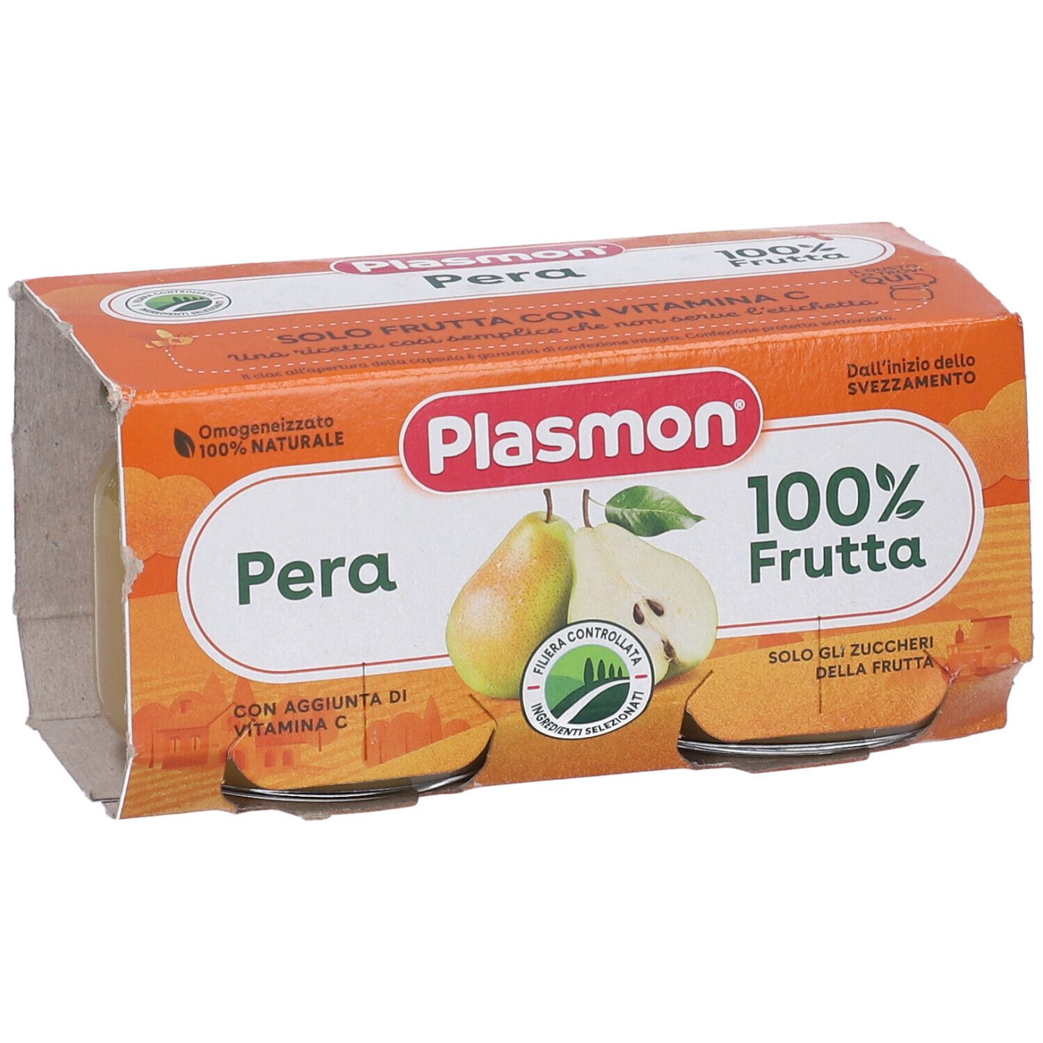 Confezione con due vasetti Plasmon Pera. Scritta: 100% Frutta, Pera, con vitamina C. Immagine di pere.