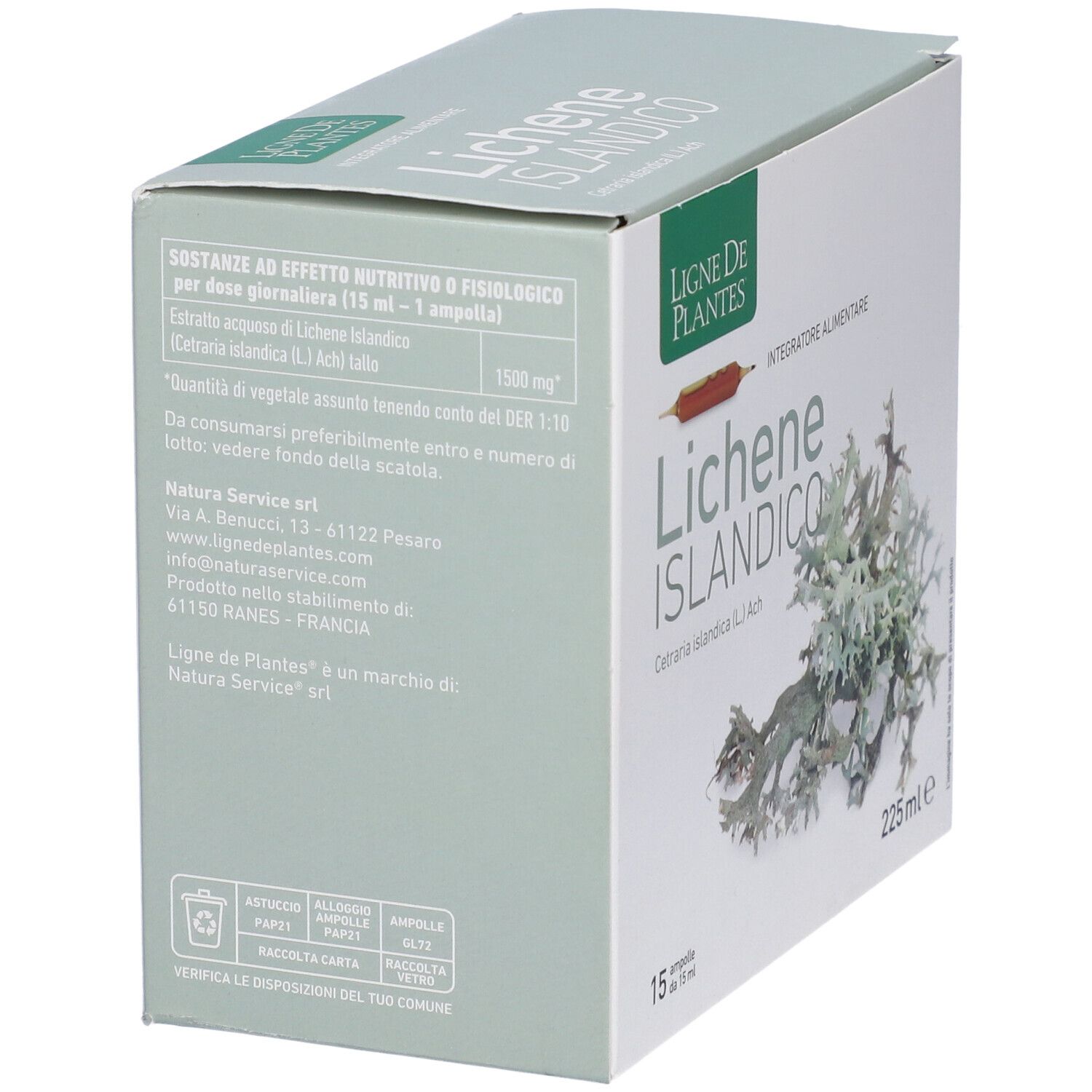 Scatola, vista laterale. Scritto: Lichene Islandico, 15 fiale. Testo su ingredienti e dosaggio.