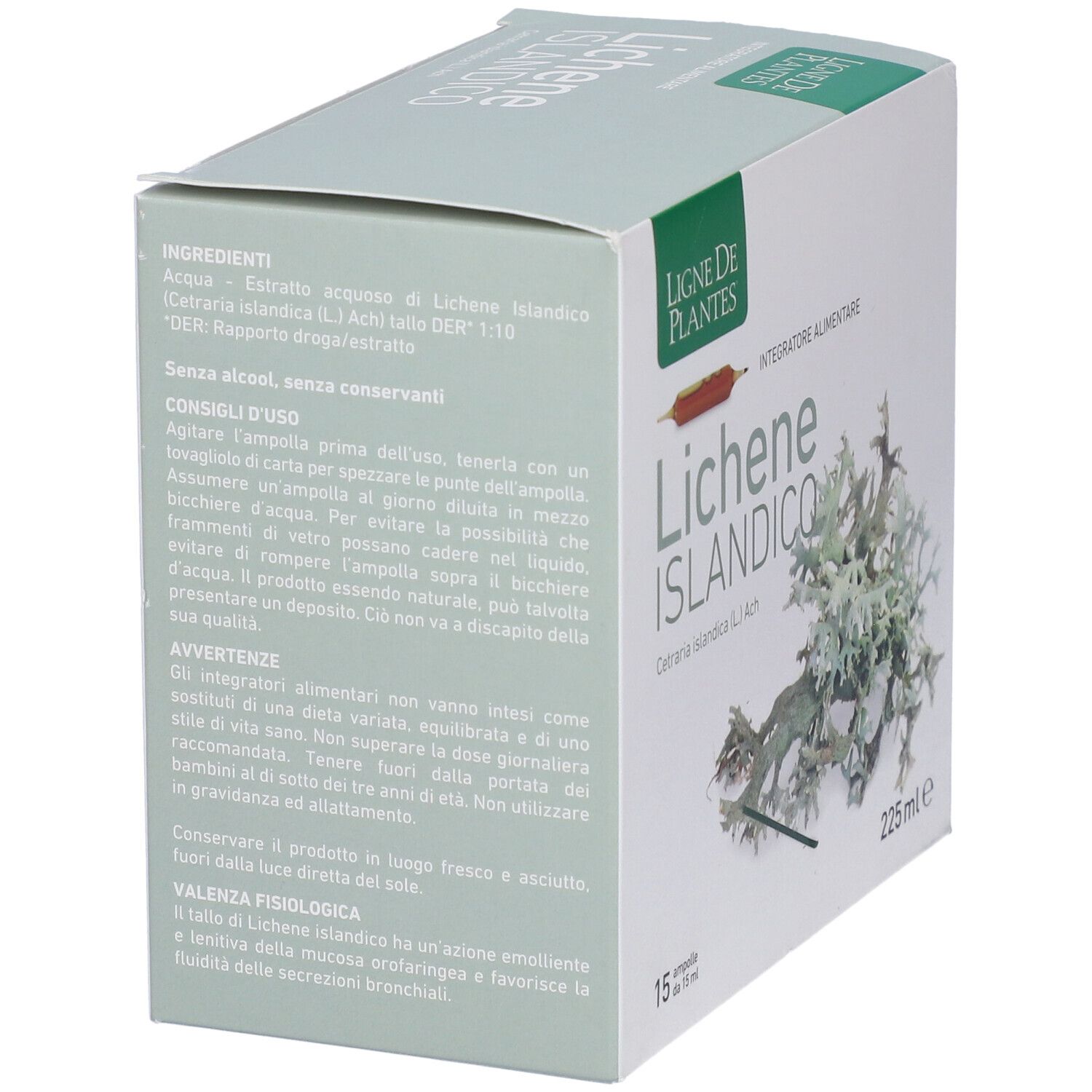 Scatola con stampa del prodotto. Scritto: Lichene Islandico, 15 fiale. Testo su ingredienti e uso.