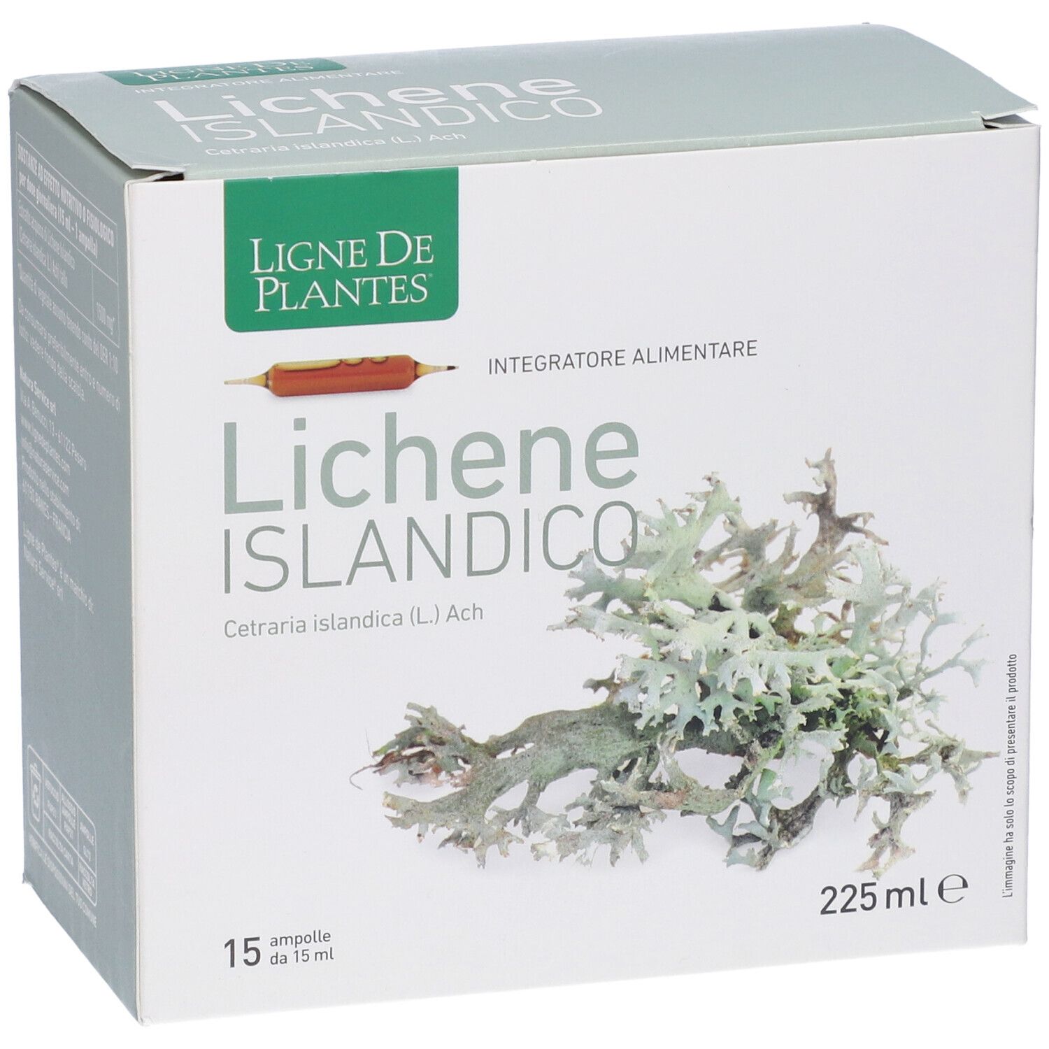 Scatola con stampa del prodotto. Scritto: Lichene Islandico, 15 fiale. Illustrazione di licheni.