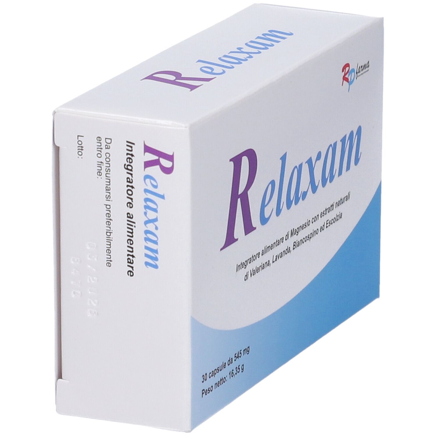 Scatola bianca inclinata con scritta viola Relaxam. Contiene 30 capsule.