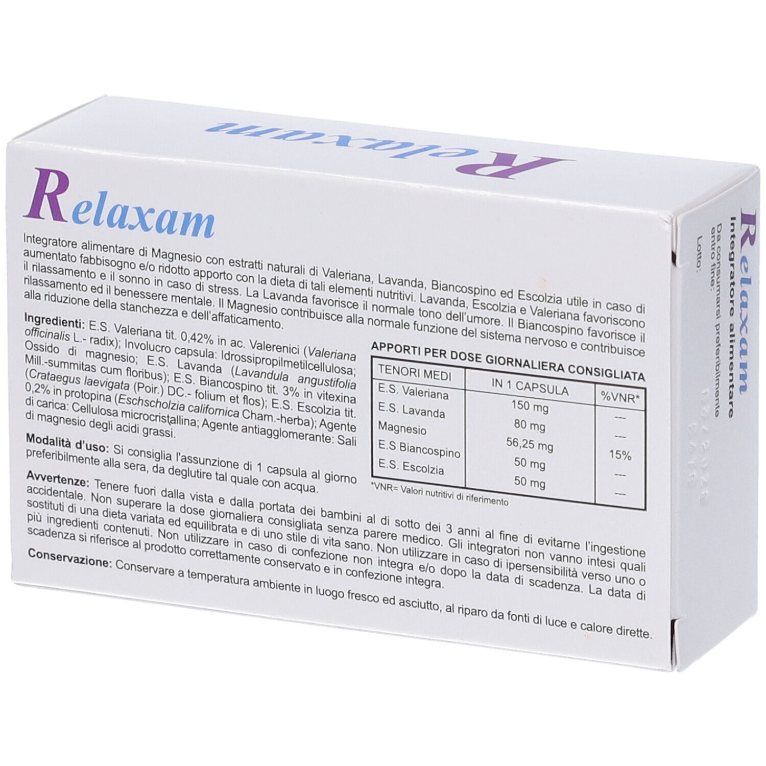 Scatola bianca con testo e informazioni sul contenuto. Contiene 30 capsule. Relaxam.