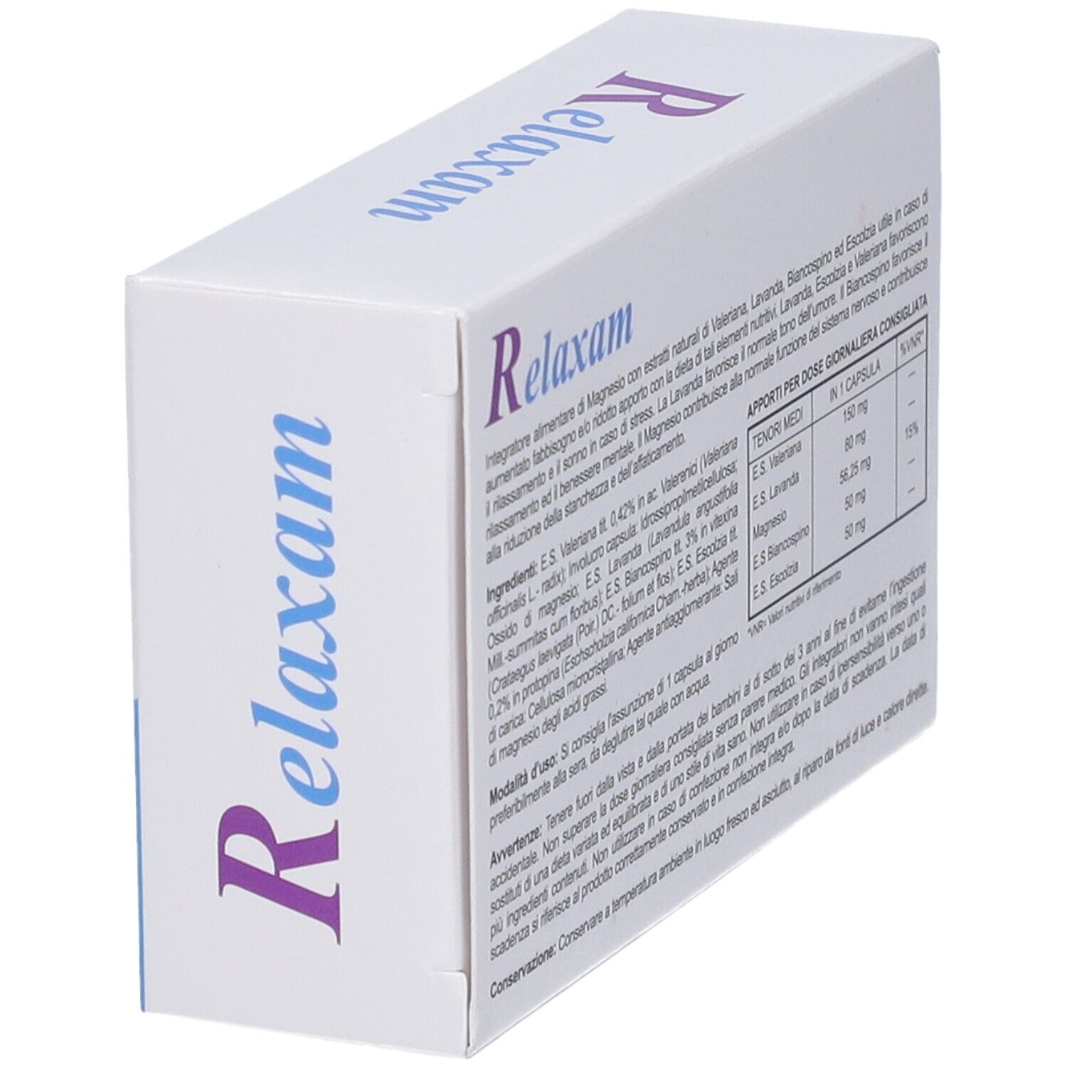 Scatola bianca inclinata con testo e informazioni sul contenuto. Relaxam.