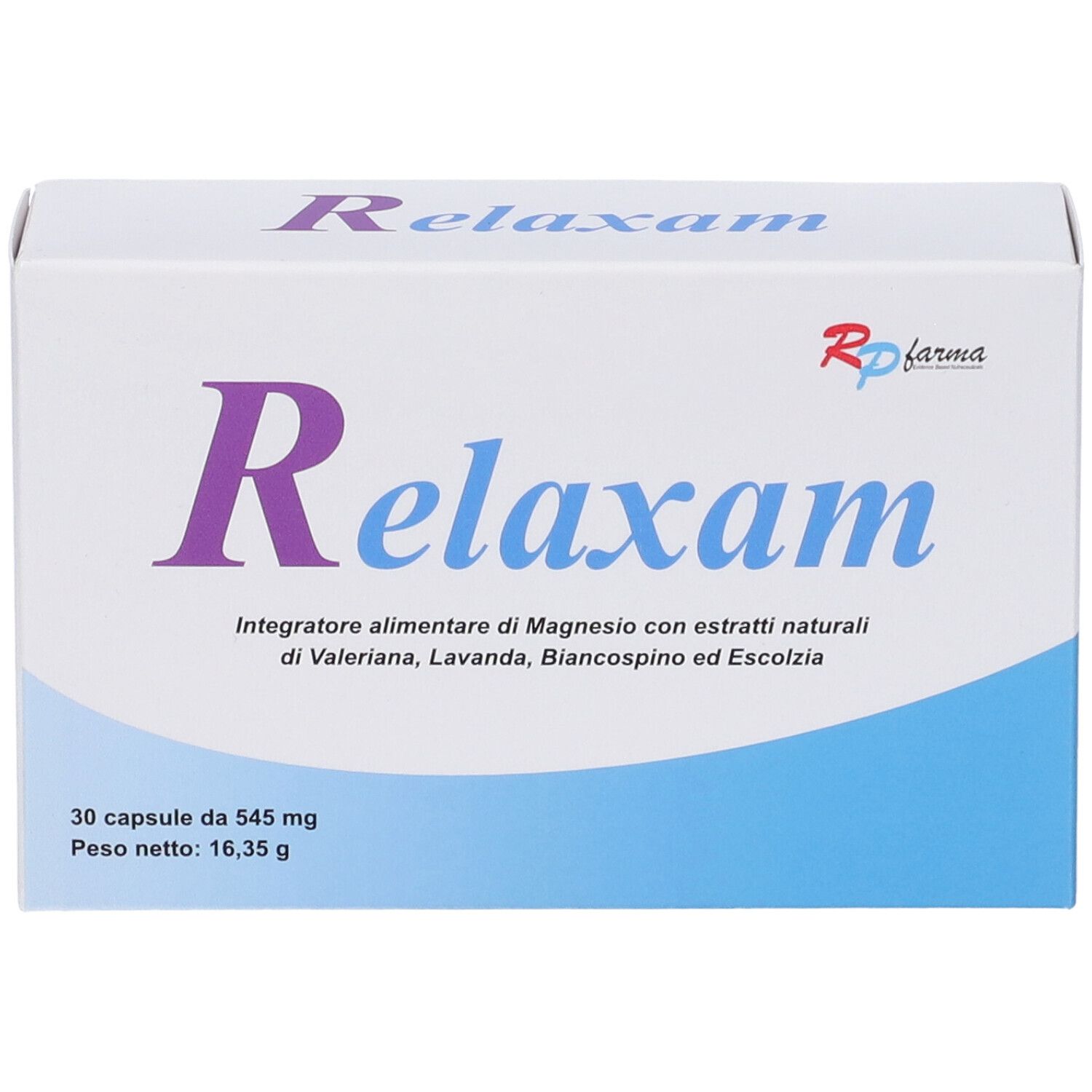 Scatola bianca con scritta viola Relaxam. Contiene 30 capsule. Marchio Rp farma.