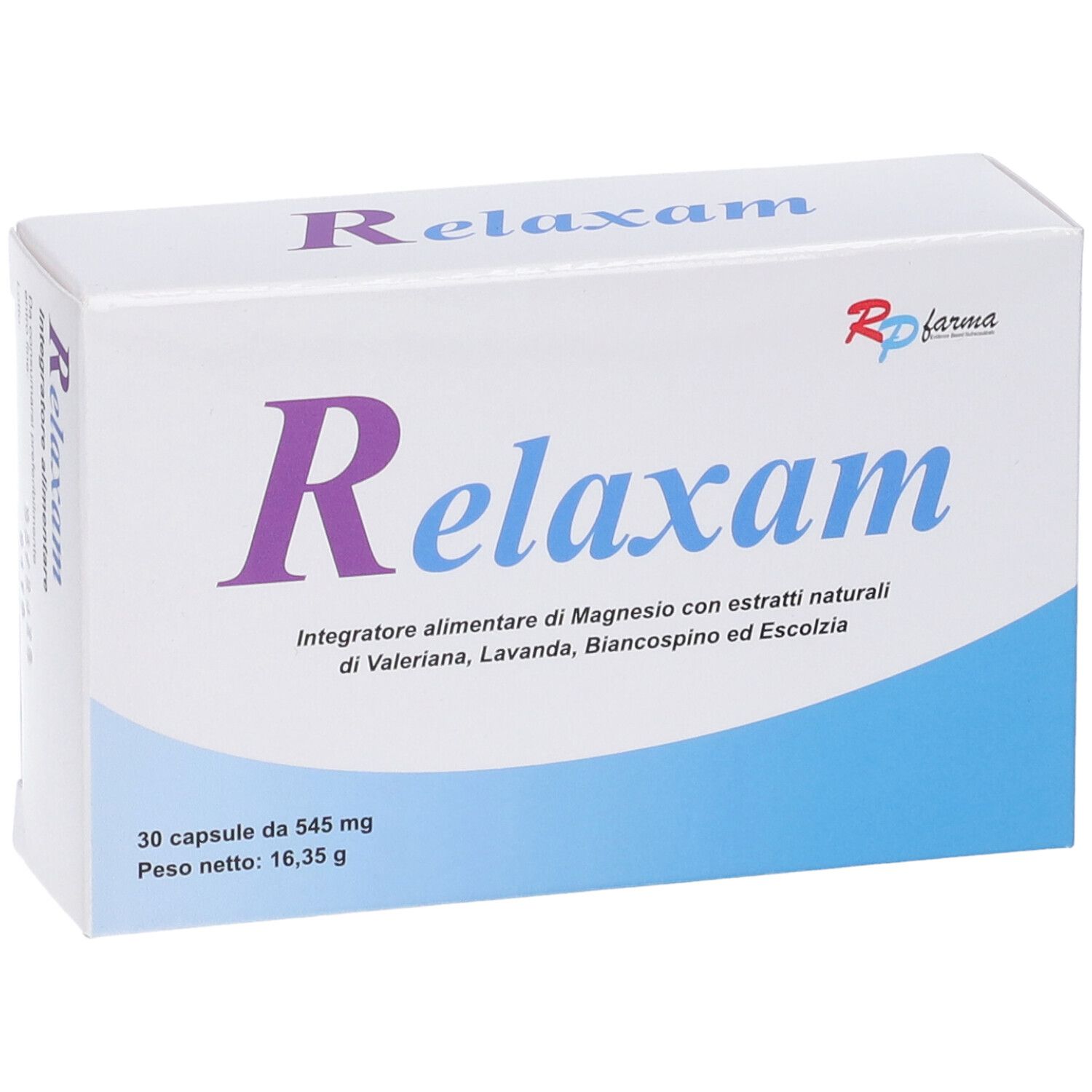 Scatola bianca con scritta viola Relaxam. Contiene 30 capsule. Marchio Rp farma.