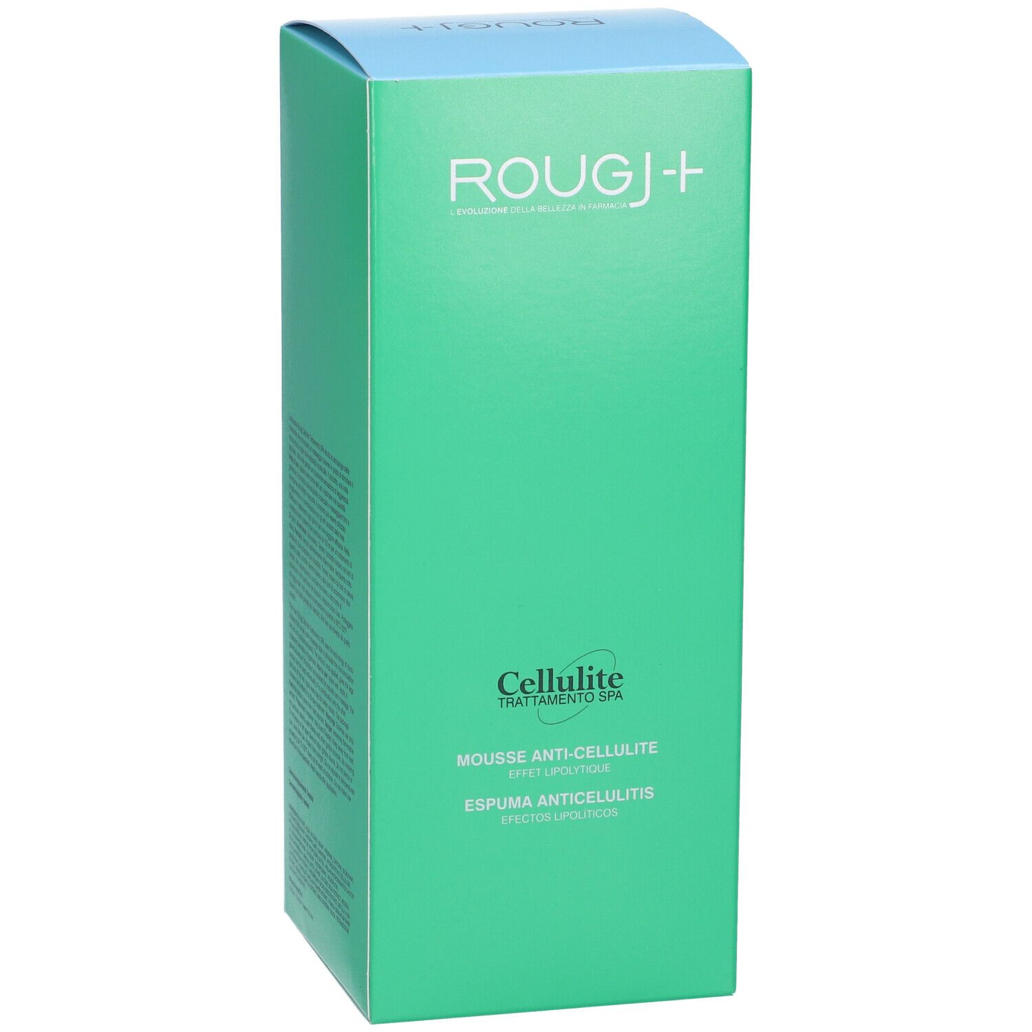 Confezione verde con coperchio blu. Scritta ROUGJ+ e Cellulite Tratamento Spa. Mousse Anti-Cellulite.