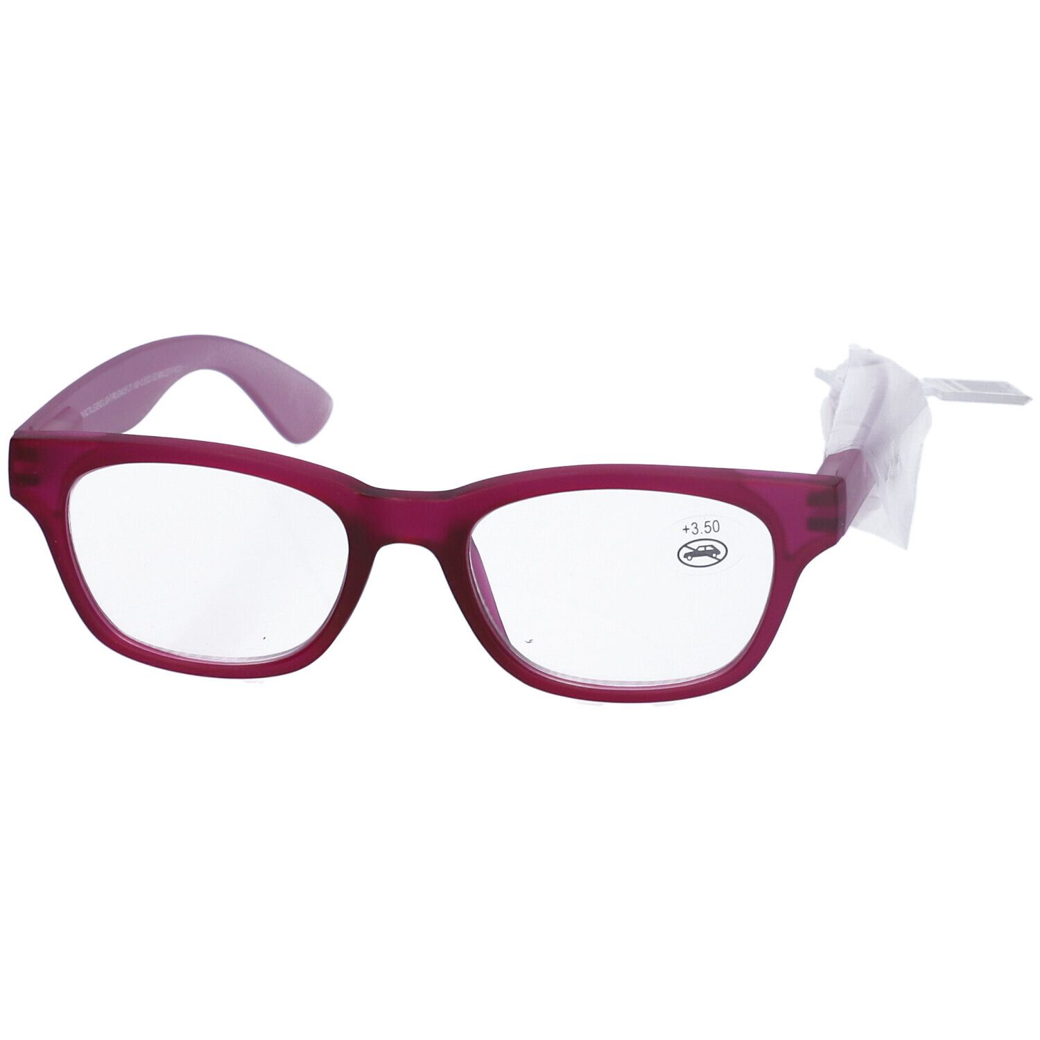 Occhiali con montatura rosa. +3,50 sulla lente destra. Fissate con carta.