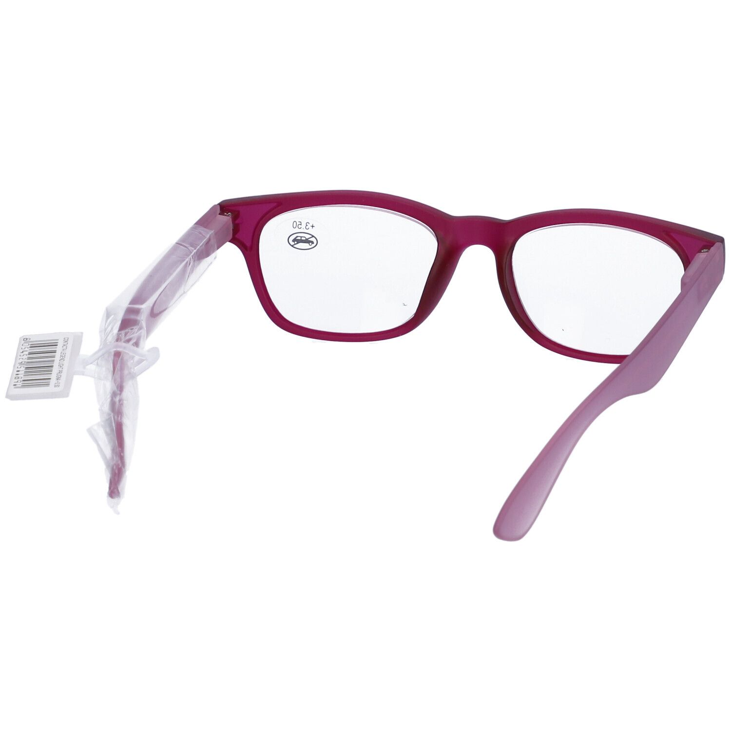 Occhiali con montatura rosa. +3,50 sulla lente destra. Con etichetta.