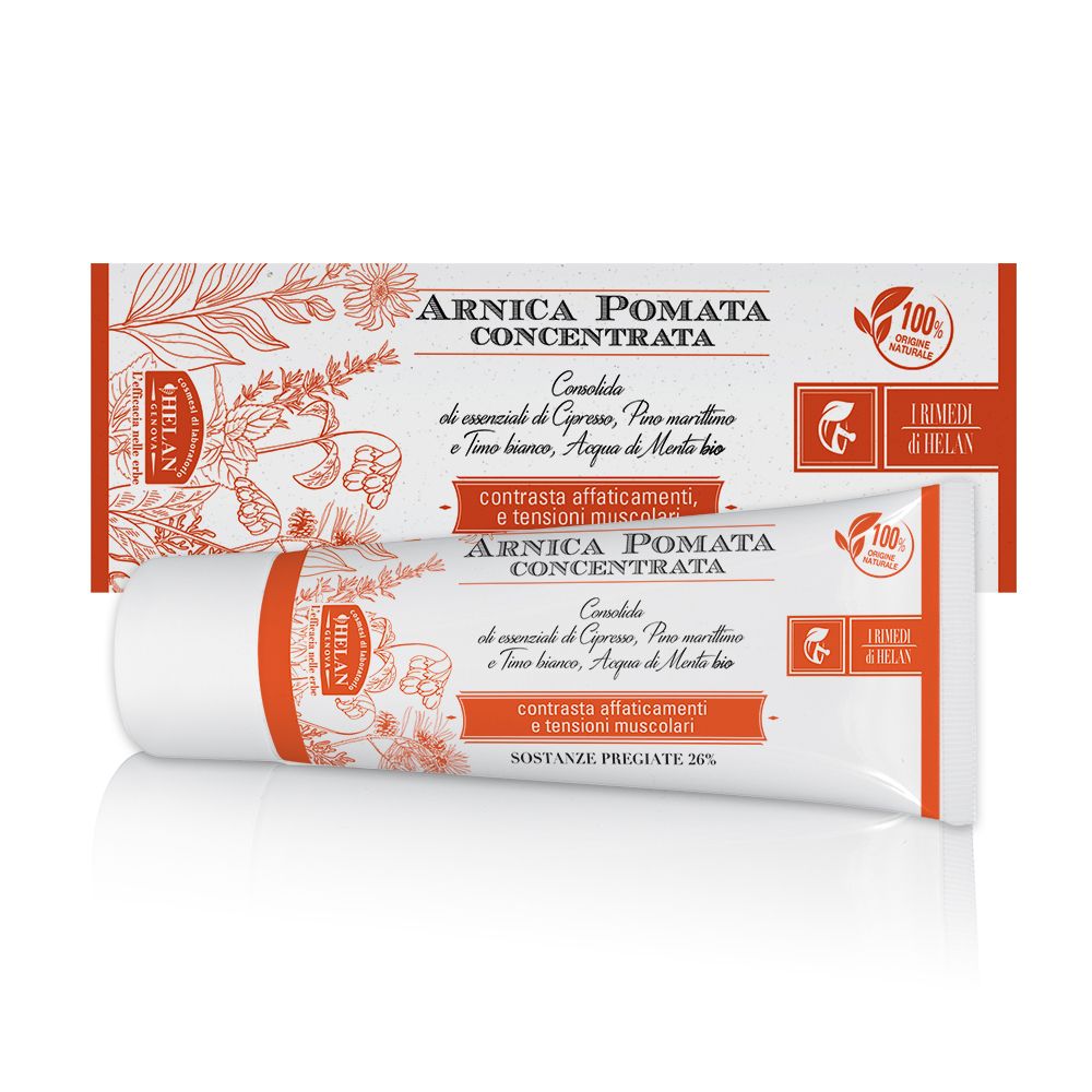 Confezione del prodotto con tubo e scatola. Testo: Arnica Pomata Concentrata. Logo: Helan. 100% origine naturale.