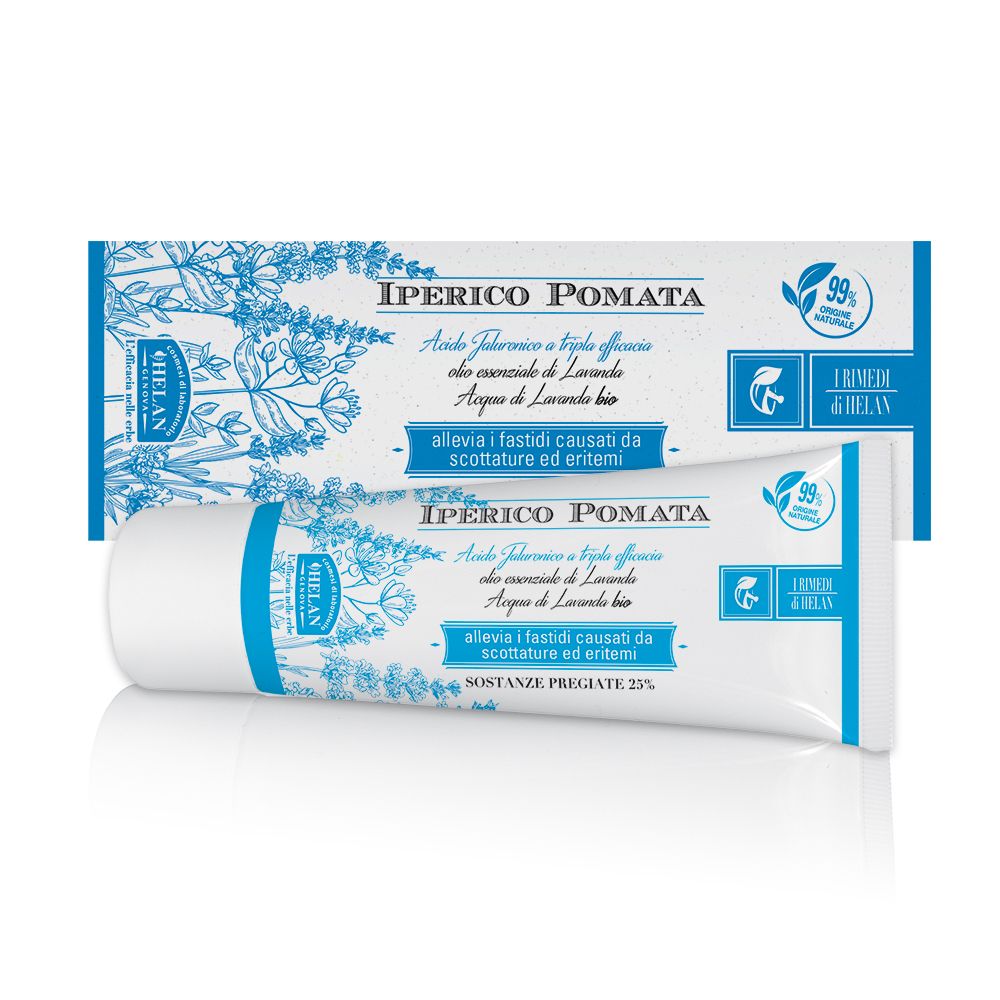 Crema e confezione. Scritta: Iperico Pomata, 99% ingredienti naturali. Marchio: Helan.