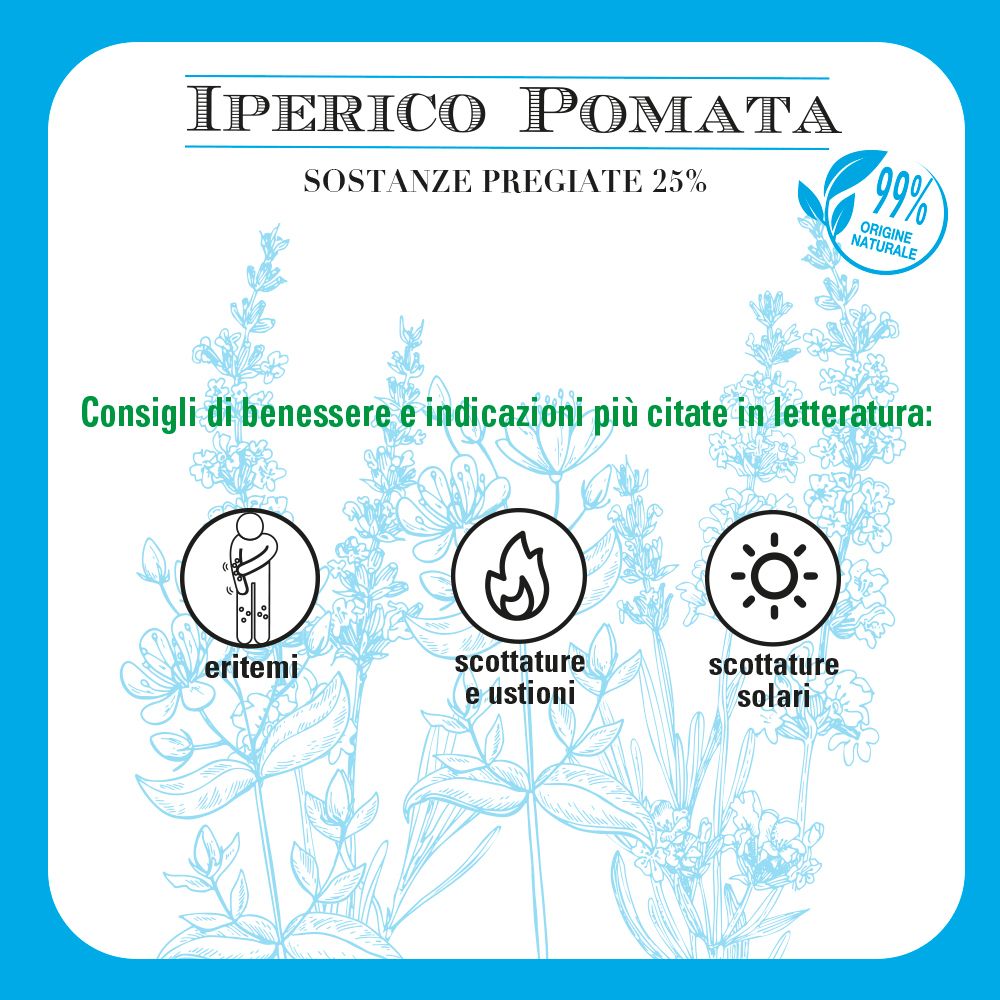 Carta quadrata con illustrazioni e testo. Temi: eritemi, ustioni, scottature solari. Testo: Iperico Pomata.