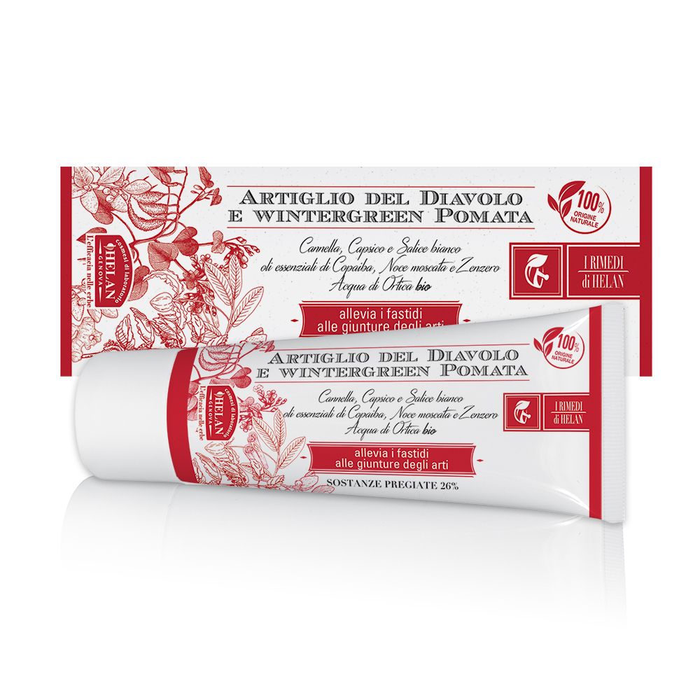 Tubo e scatola rossi e bianchi. Scritta: Artiglio del Diavolo e Wintergreen Pomata. Marchio: Helan.