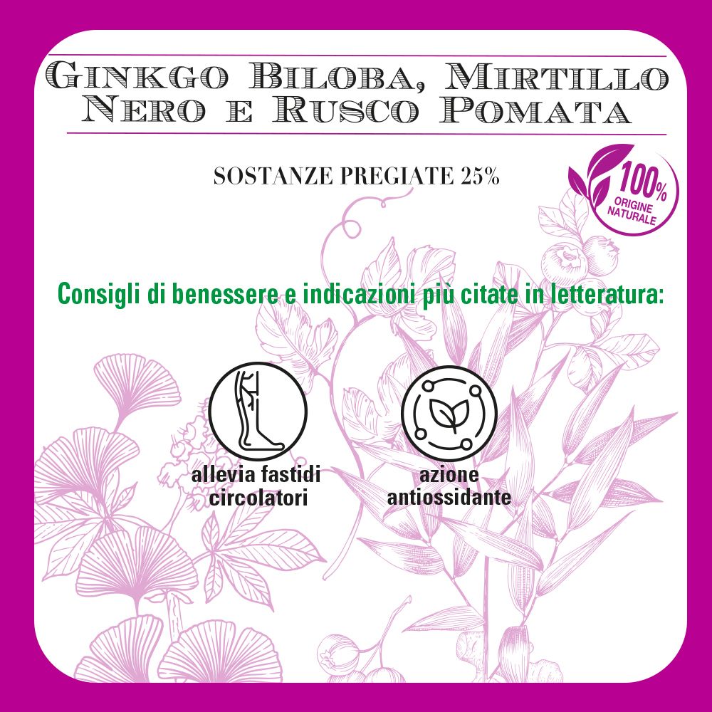 Confezione quadrata con nome e logo del prodotto. Illustrazioni di piante. Colori viola e bianco.