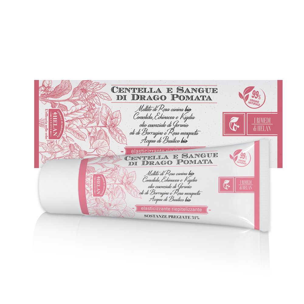 Confezione prodotto con tubo e scatola. Testo: Centella e Sangue di Drago Pomata. Marchio: Helan. 99% ingredienti naturali.