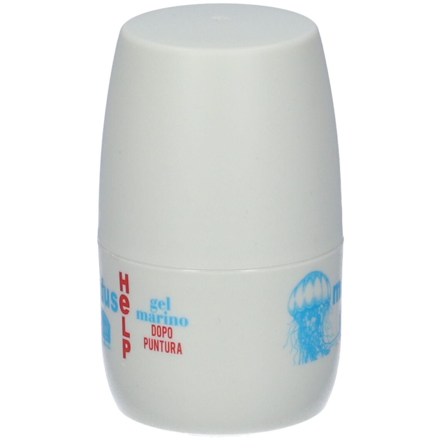 Contenitore roll-on bianco con logo medusa blu e scritta rossa. Testo: meduse HELP gel marino dopo puntura.