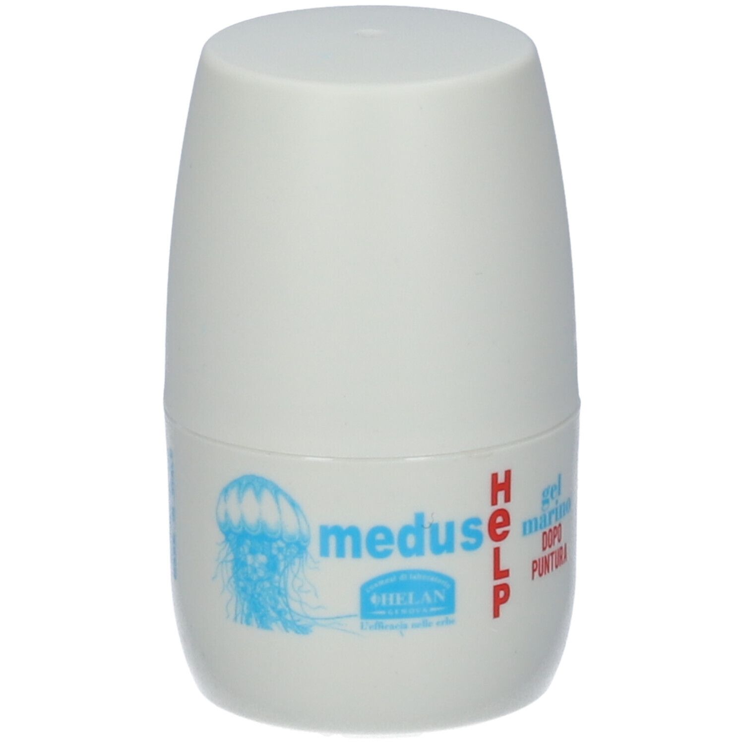 Contenitore roll-on bianco con logo medusa blu e scritta rossa. Testo: meduse HELP gel marino dopo puntura.